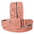 American Darling pink tooled leather western belt with a floral pattern and a matching pink buckle.