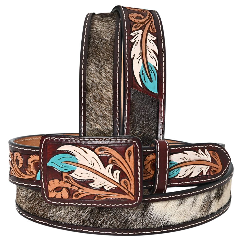 American Darling cowhide leather western belt with feather design on a white background