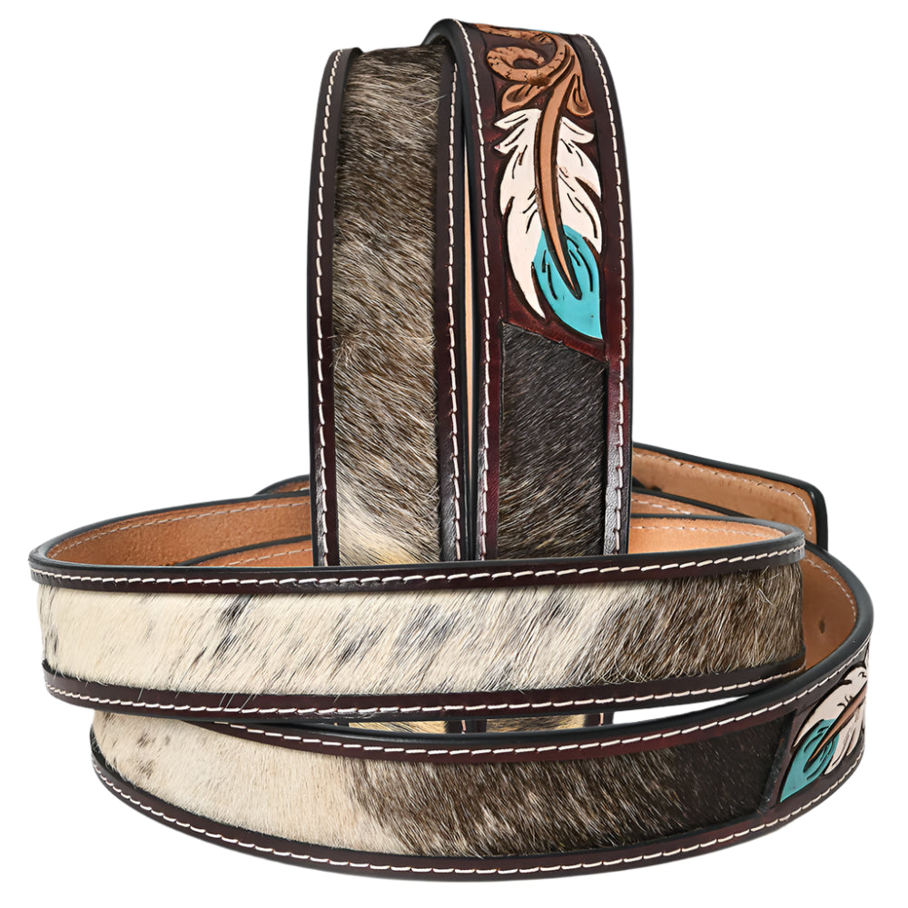 American Darling cowhide leather western belt with feather design on a white background