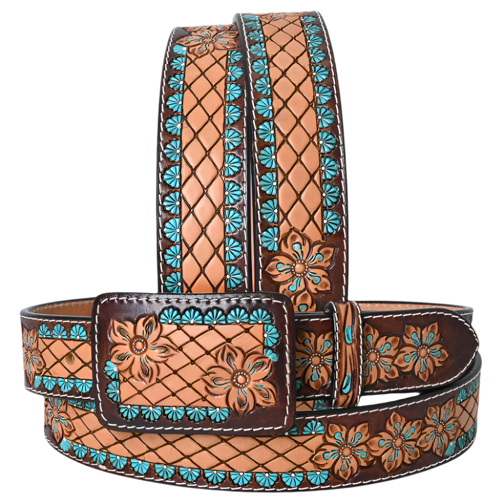 American Darling decorative western leather belt with floral patterns on a white background