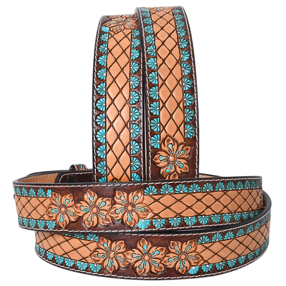 American Darling decorative western leather belt with floral patterns on a white background