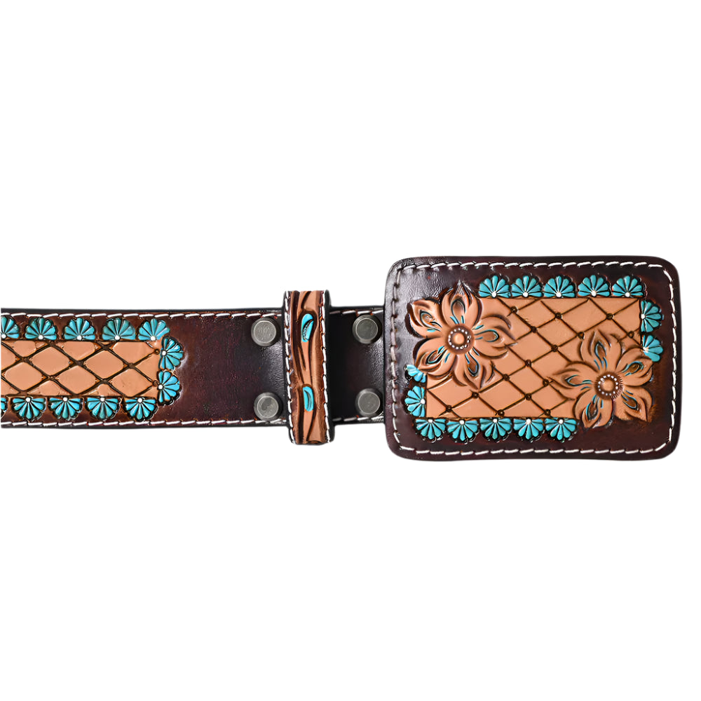 American Darling brown western leather belt with decorative buckle on a white background