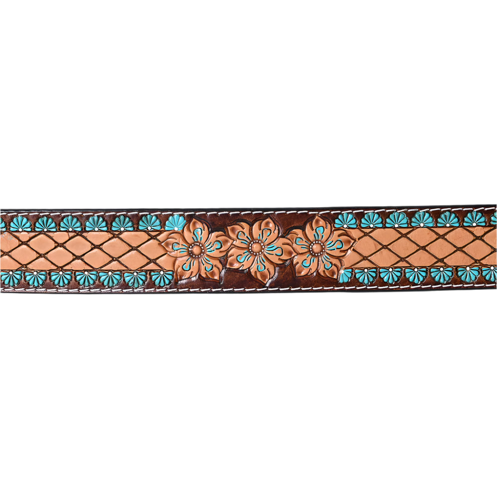 American Darling decorative western leather belt with floral patterns and turquoise accents on a white background