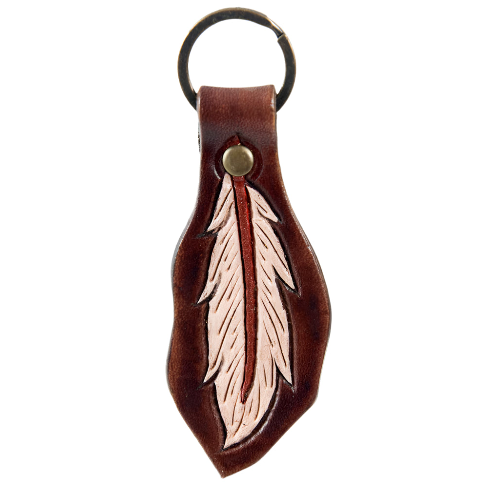 American Darling brown leather western keychain with feather design on a white background