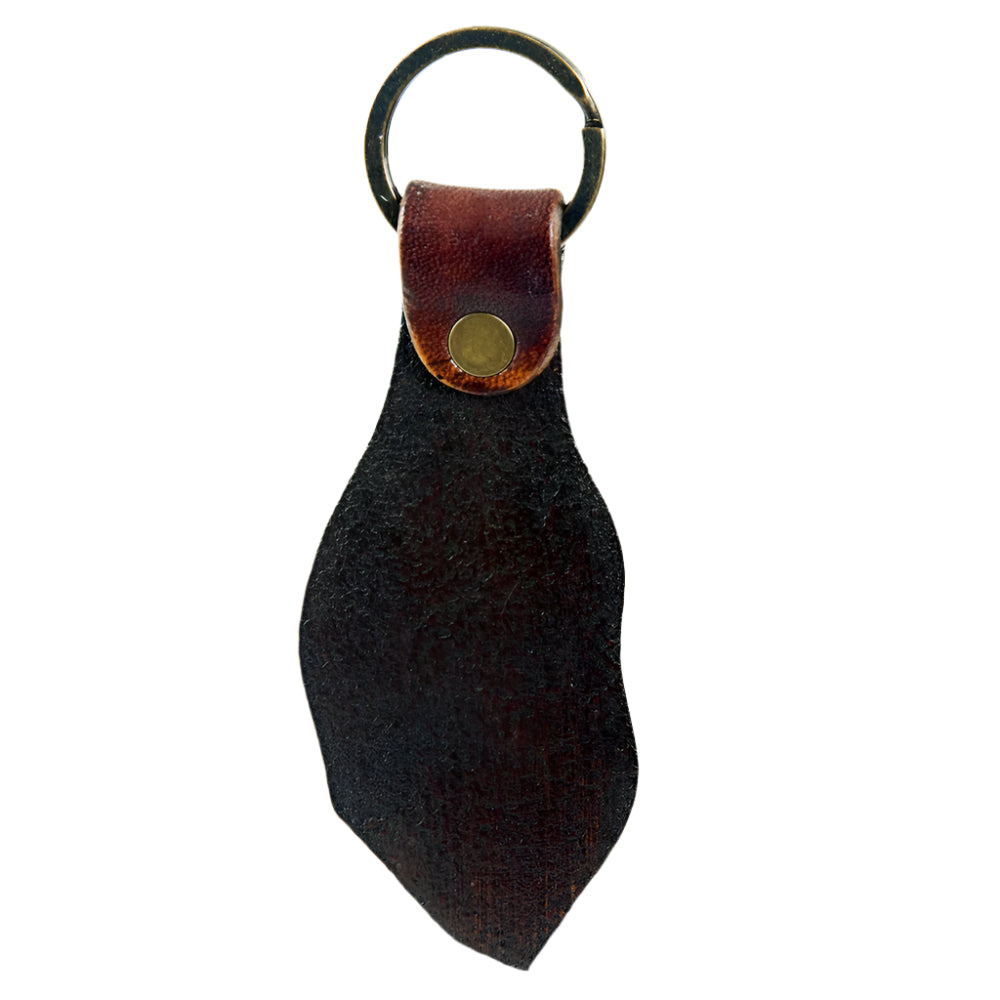 American Darling brown leather western keychain with feather design on a white background