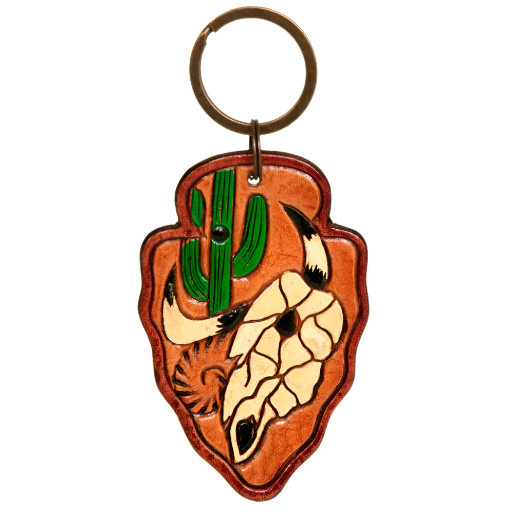 American Darling western print leather keychain with bull and cactus design on a white background