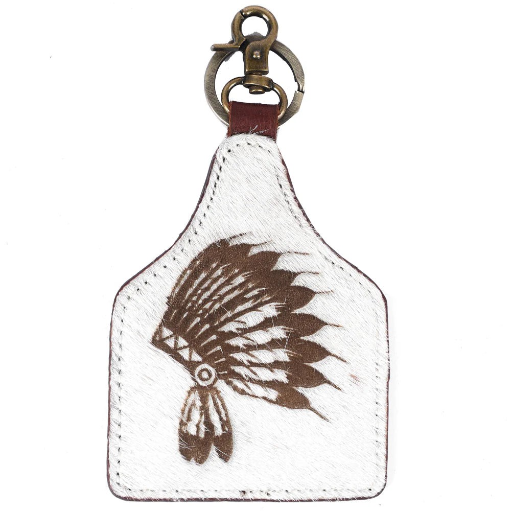 American Darling White key fob with brown feather design and metal ring on a white background