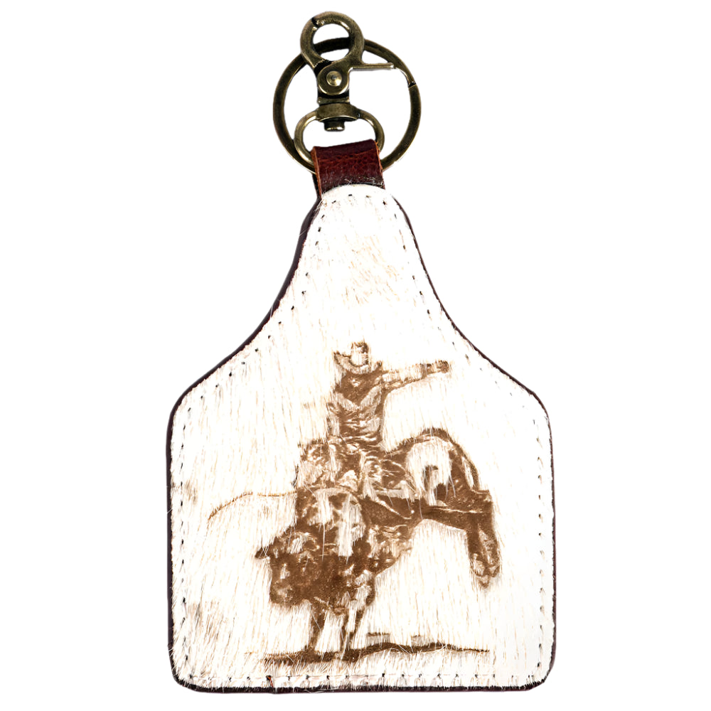 American Darling Keychain with a printed design of a person on bull on a white background