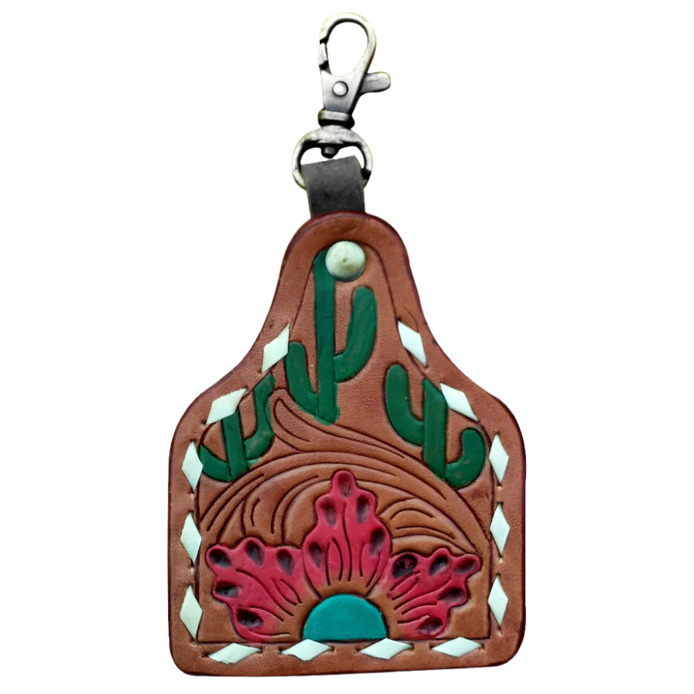 American Dalring western style leather decorative keychain with cactus design on a white background