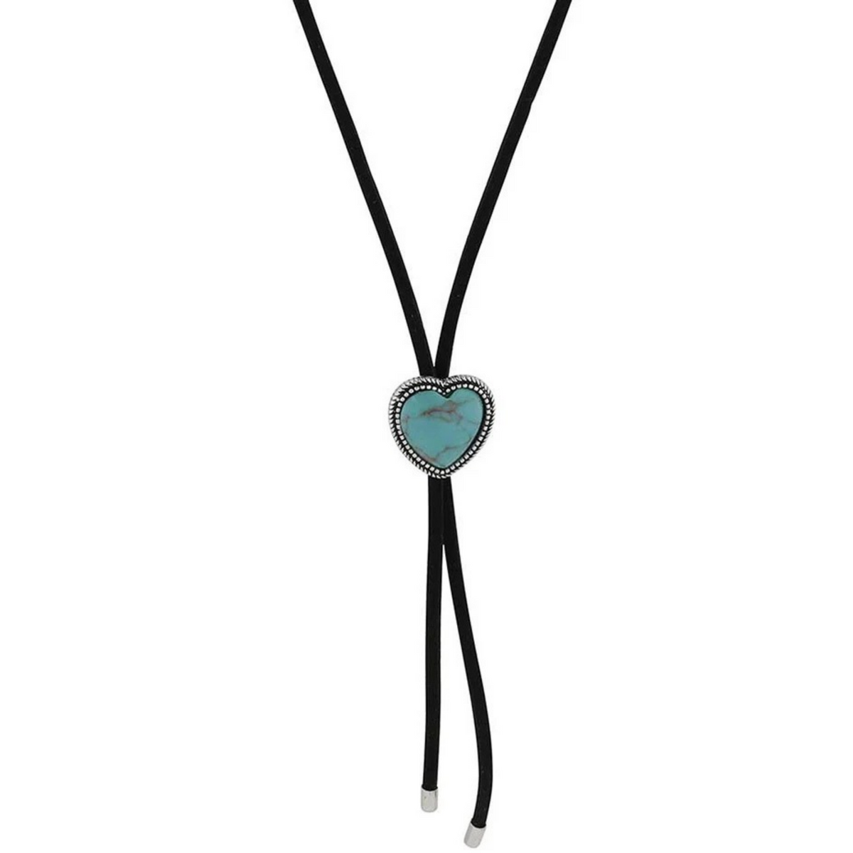 A black cord bolo tie necklace featuring a heart-shaped turquoise stone pendant with a silver beaded border, shown against a plain white background.