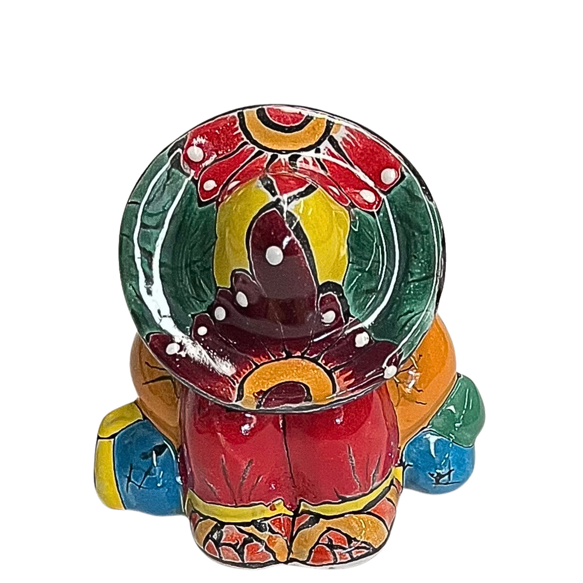 A colorful hand-painted ceramic decorative figure with a large circular top, featuring vibrant red, green, yellow, orange, blue, and brown painted details on a white background.