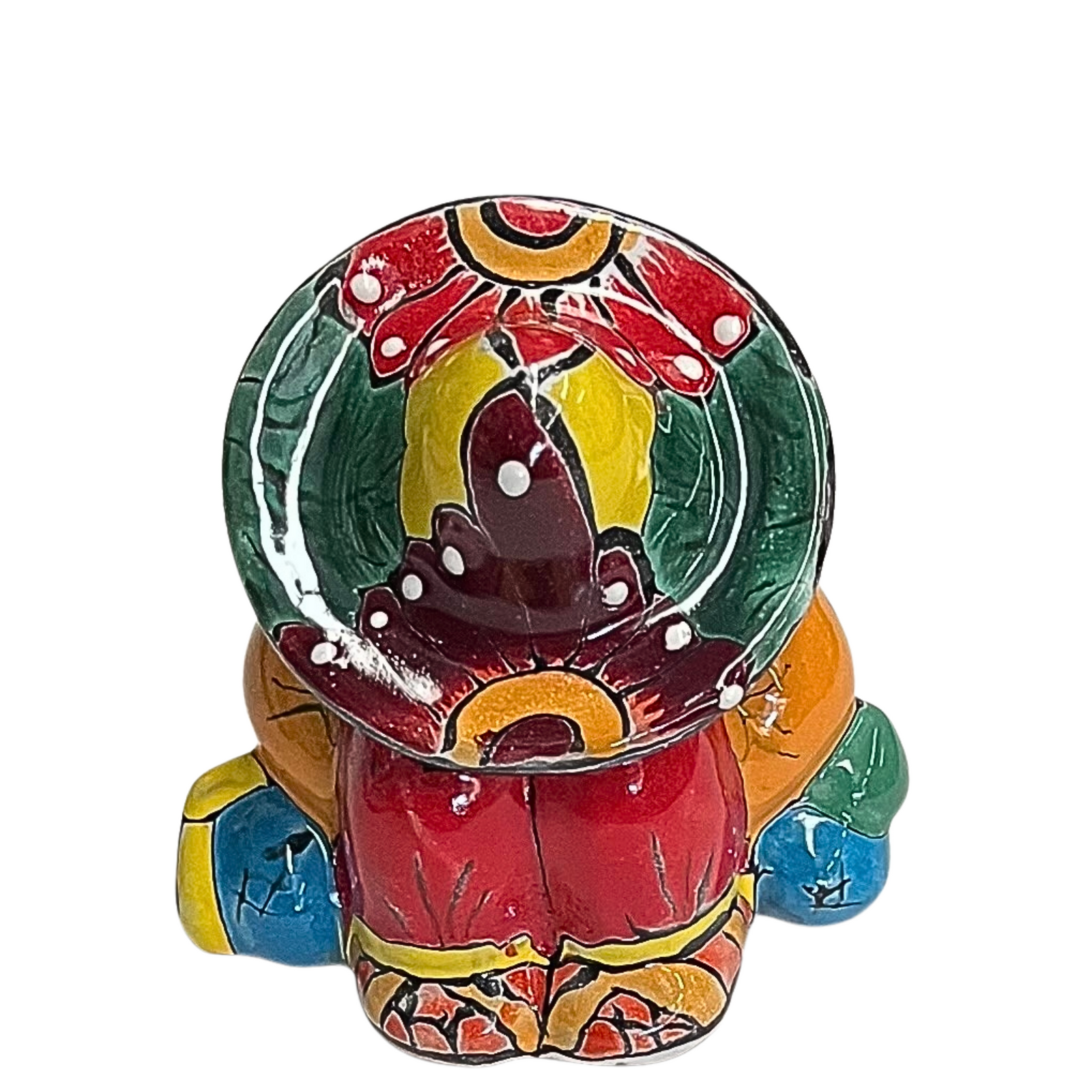 A colorful hand-painted ceramic decorative figure with a large circular top, featuring vibrant red, green, yellow, orange, blue, and brown painted details on a white background.