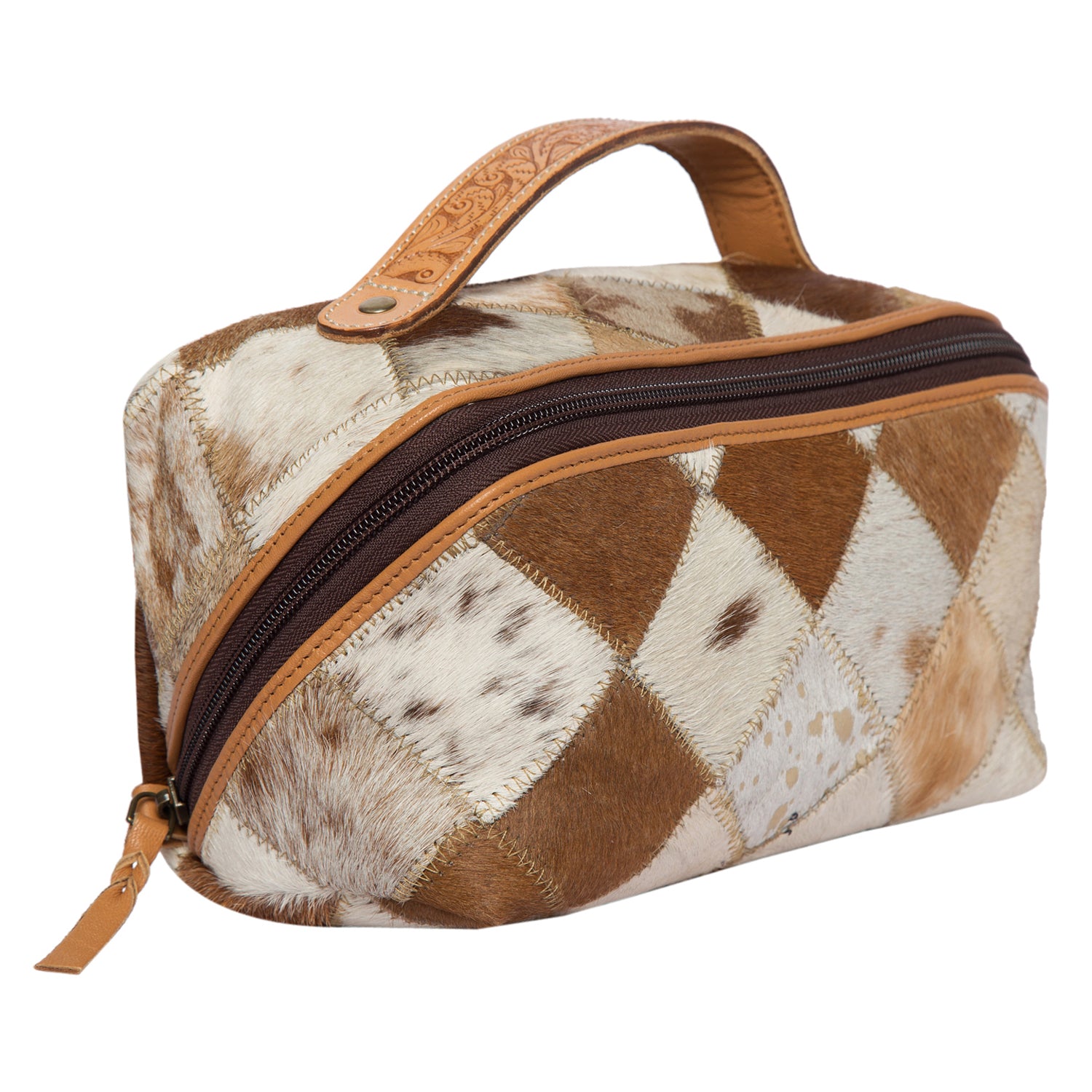 Women's Cowhide Patchwork Cosmetic Bag. A brown and white cowhide patchwork cosmetic bag with a zipper closure and a leather handle.