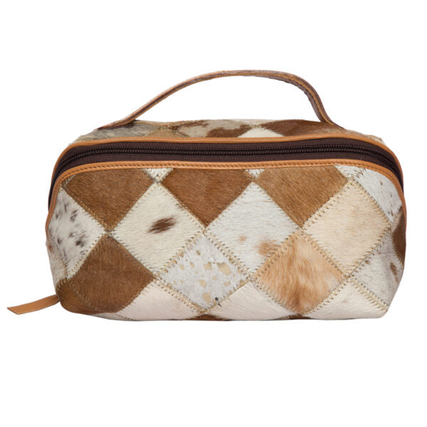 Women's Cowhide Patchwork Cosmetic Bag. A brown and white cowhide patchwork cosmetic bag with a zipper closure and a leather handle.