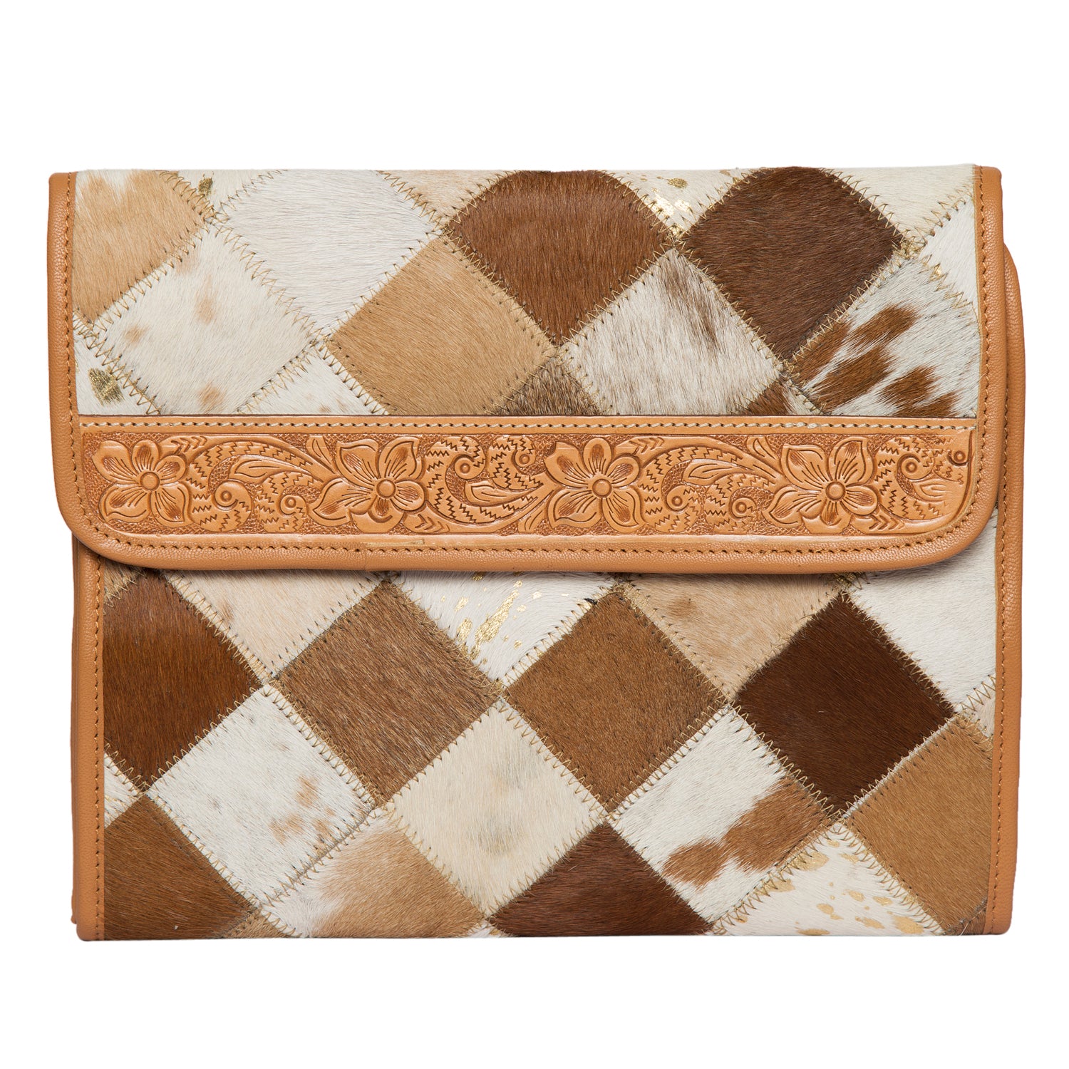 Women's Patchwork Cowhide and Tooling Leather Makeup Bag