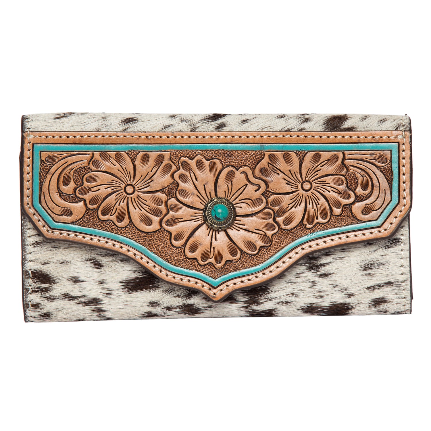 Women's Cowhide Tooling Leather Wallet With Turquoise Stonework. A wallet with a cowhide design featuring hand-carved and hand-painted details with turquoise stonework, and a magnetic closure.
