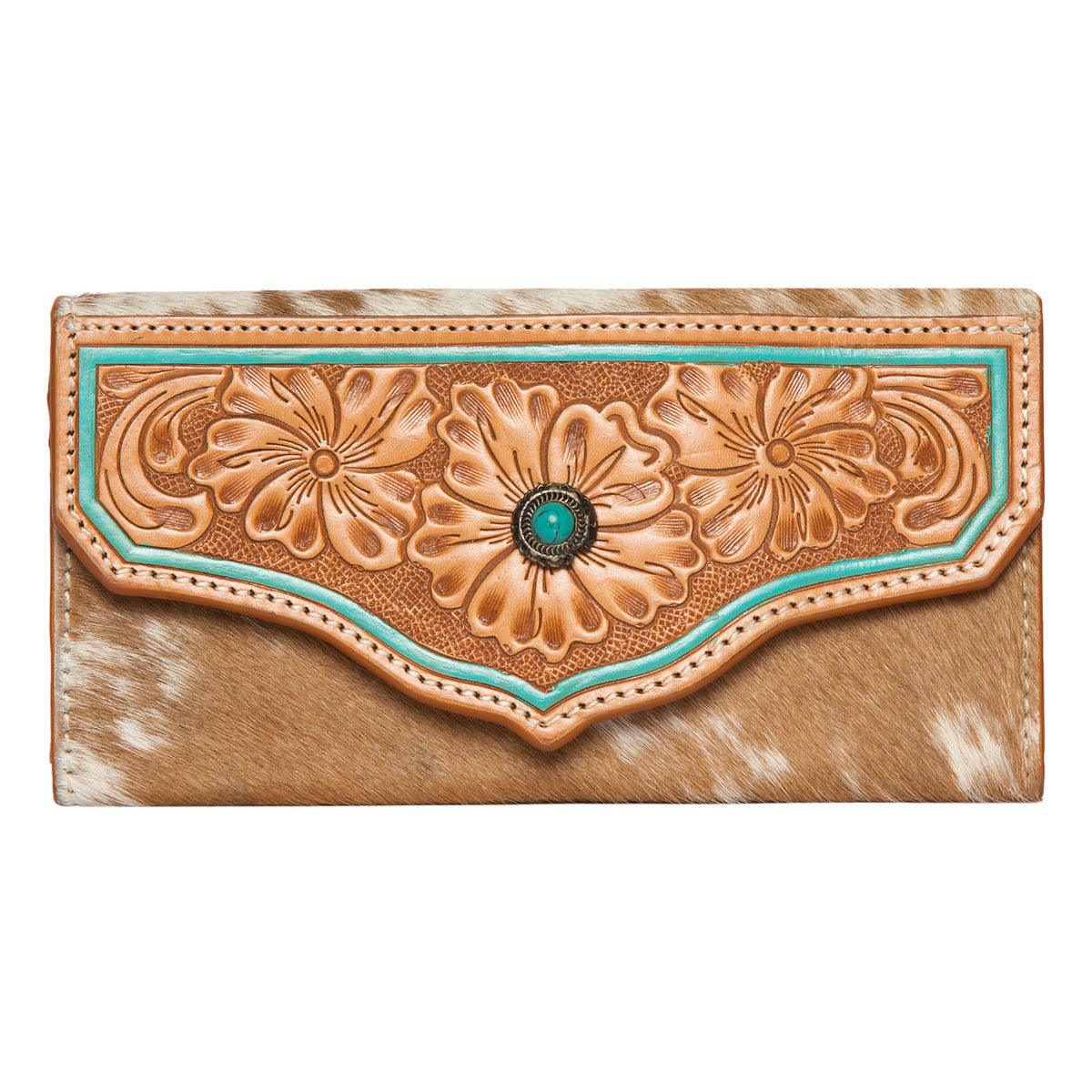 Women&#39;s Cowhide Tooling Leather Wallet With Turquoise Stonework