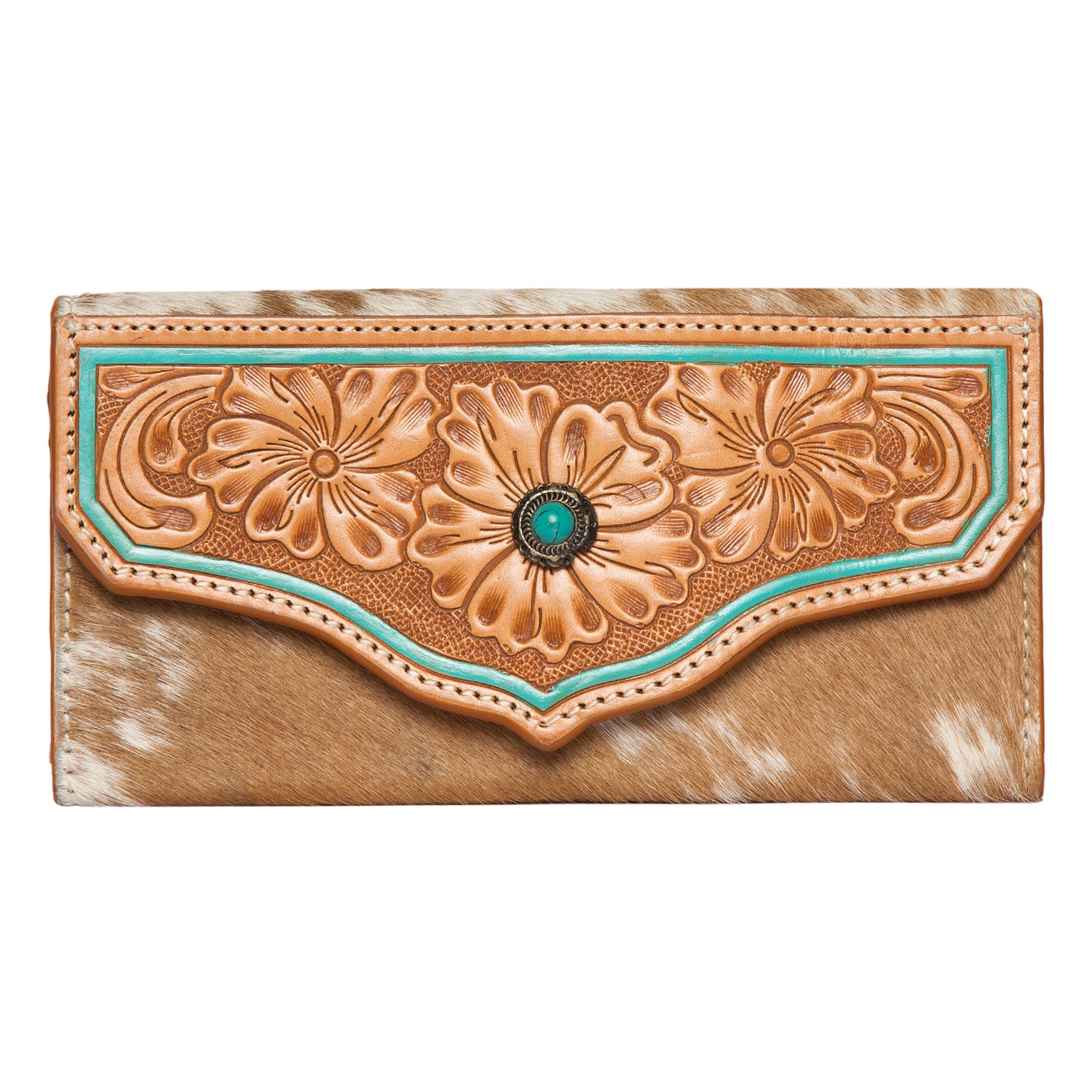 Women's Cowhide Tooling Leather Wallet With Turquoise Stonework