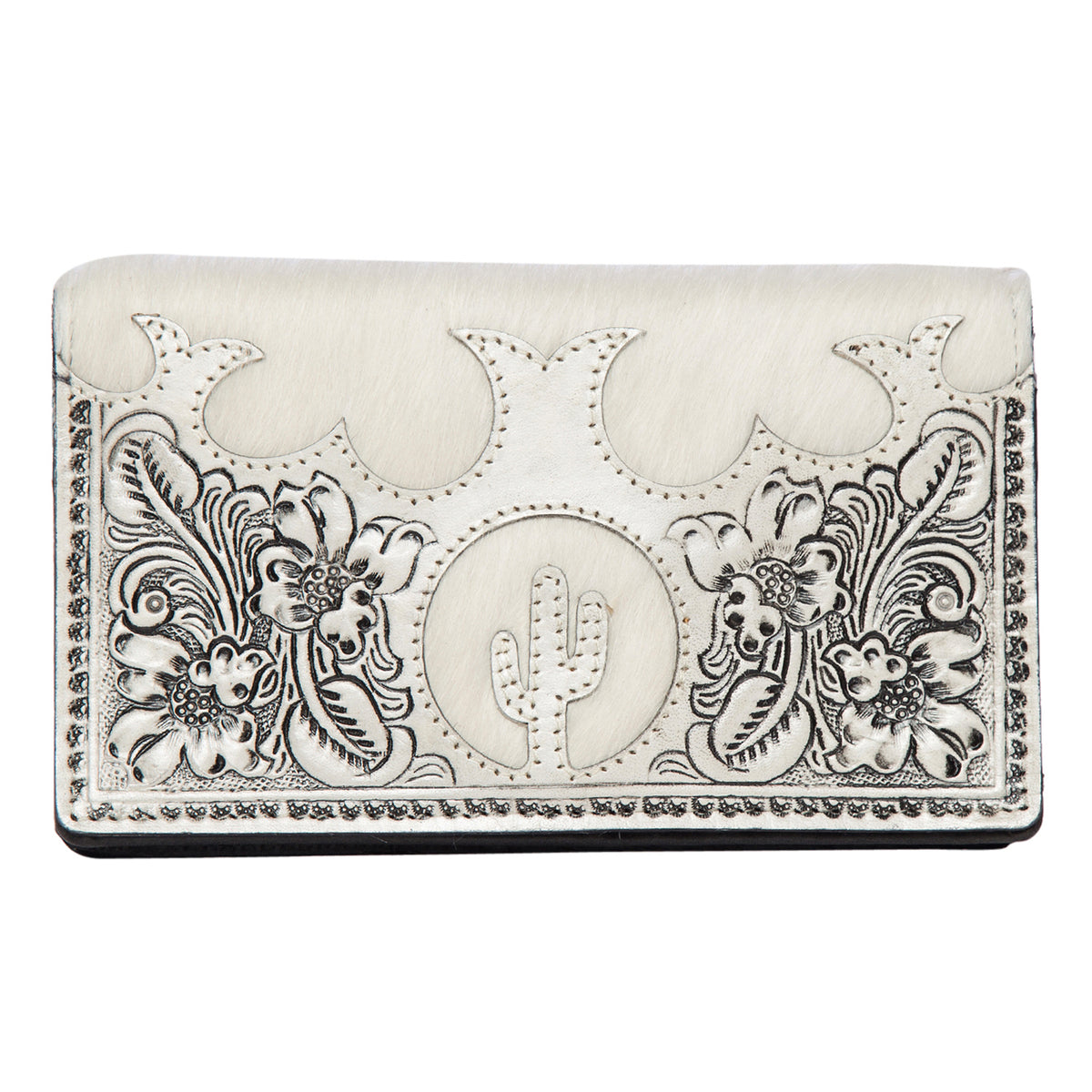 Women&#39;s Tooling Leather Slim Cowhide Wallet. Decorative wallet with floral and cactus designs on a white background