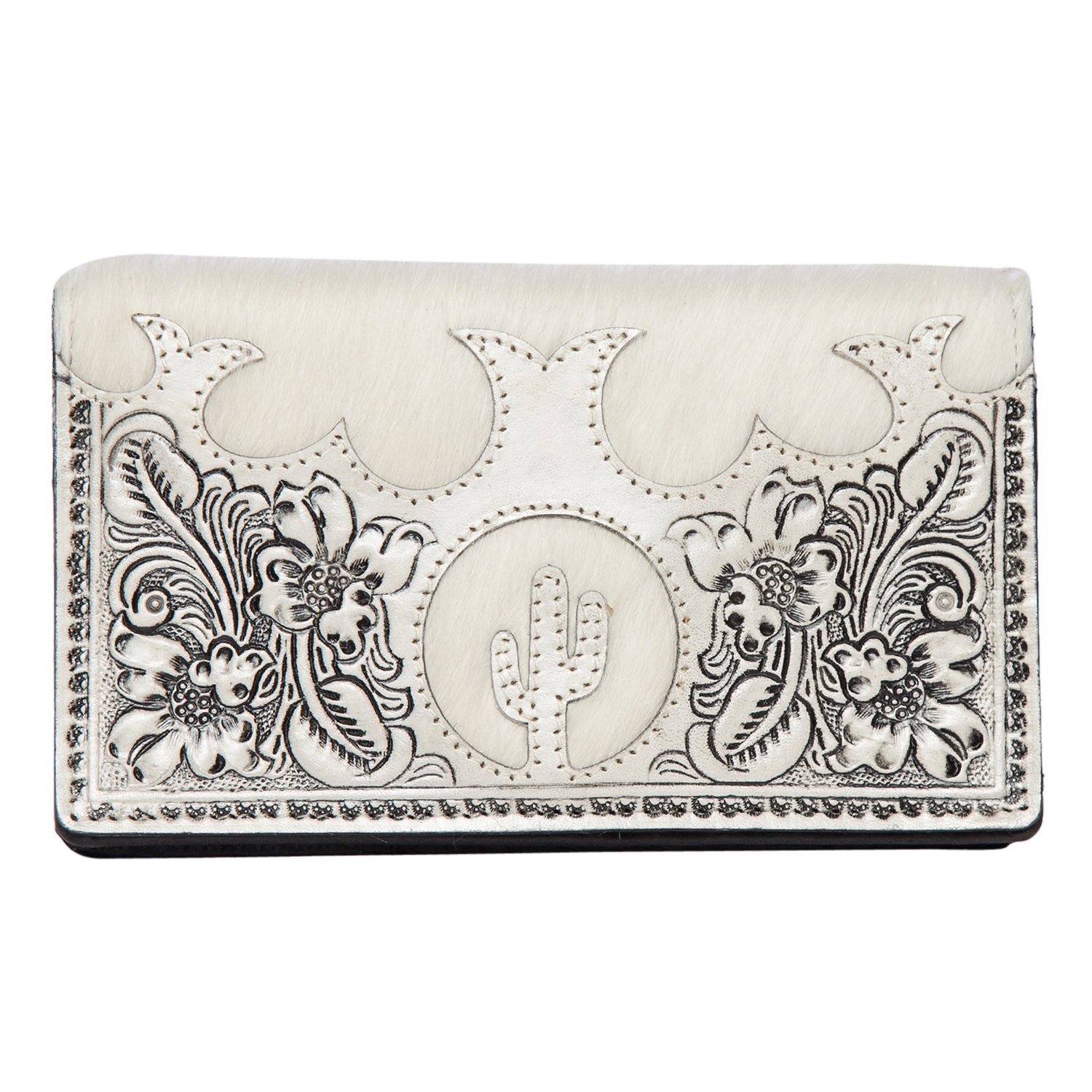 Women's Tooling Leather Slim Cowhide Wallet. Decorative wallet with floral and cactus designs on a white background