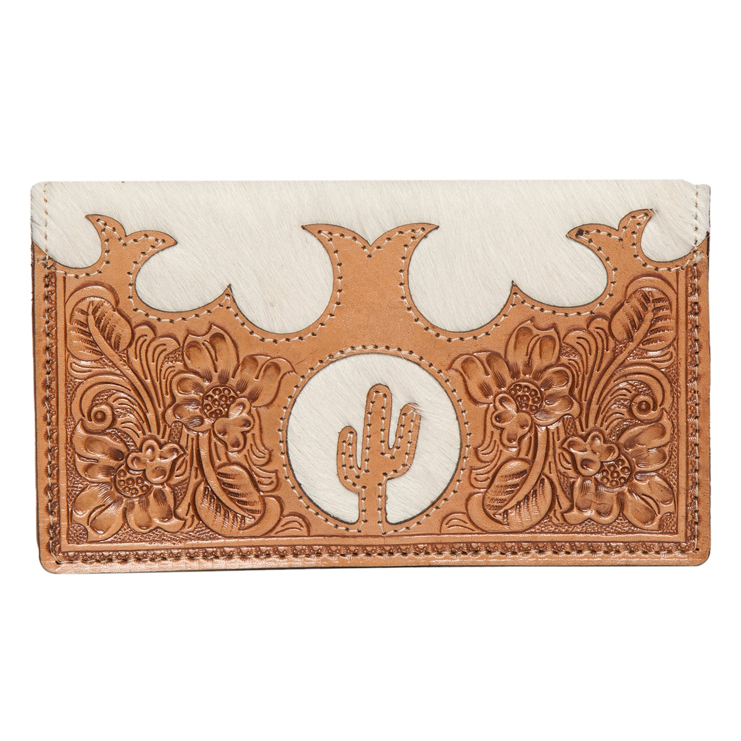 Women's Tooling Leather Slim Cowhide Wallet. A tooled leather cowhide wallet featuring floral and cactus patterns in tan and white colors, with a snap button closure.