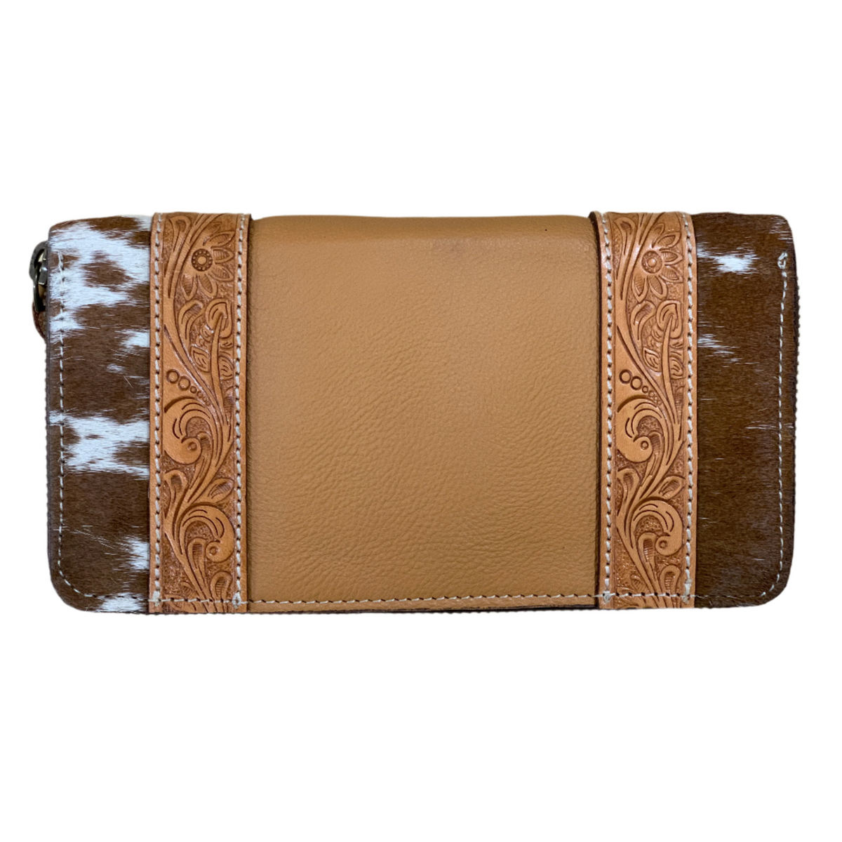 Women's Moore Leather Boot Stitch Zippered Wallet. Brown leather wallet with cowhide trim on a white background
