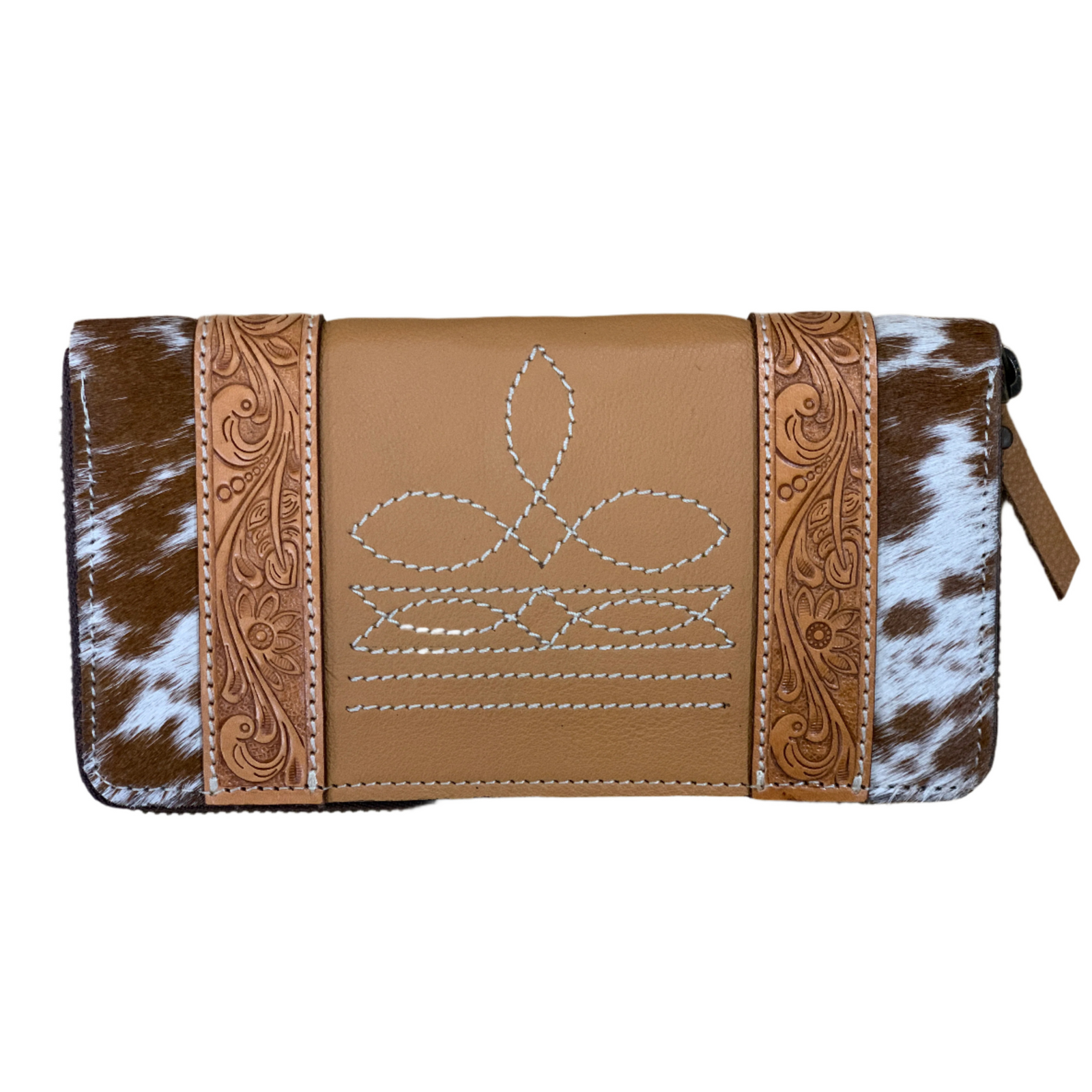 Women's Moore Leather Boot Stitch Zippered Wallet. Brown leather wallet with cowhide trim on a white background