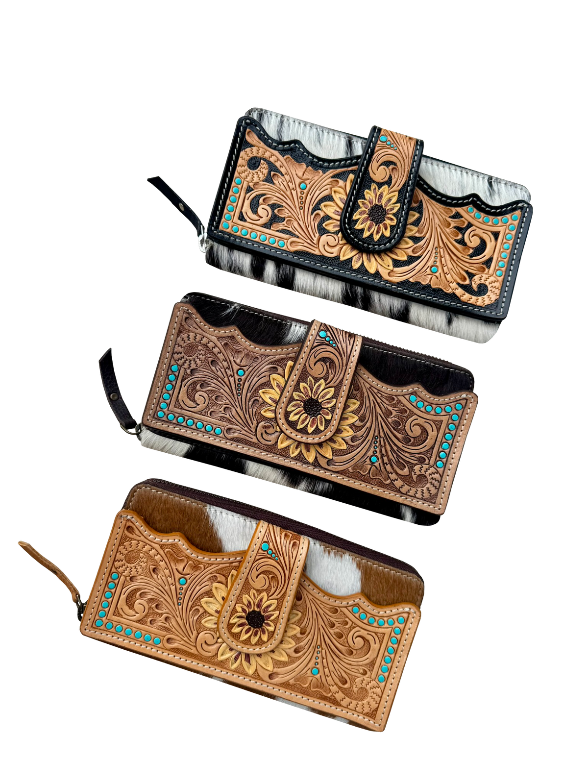 Cowhide Sunflower Tooling Leather Zippered Wallet. Three leather wallets with intricate designs on a white background