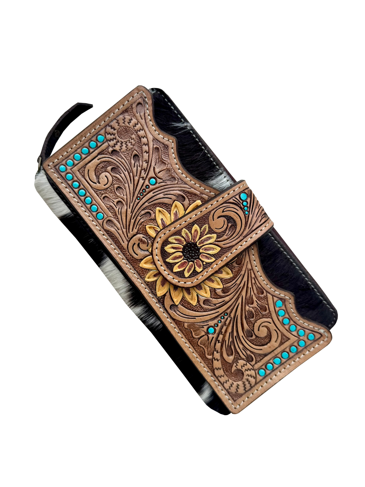 Cowhide Sunflower Tooling Leather Zippered Wallet. Leather phone case with intricate floral patterns and turquoise stones on a white background