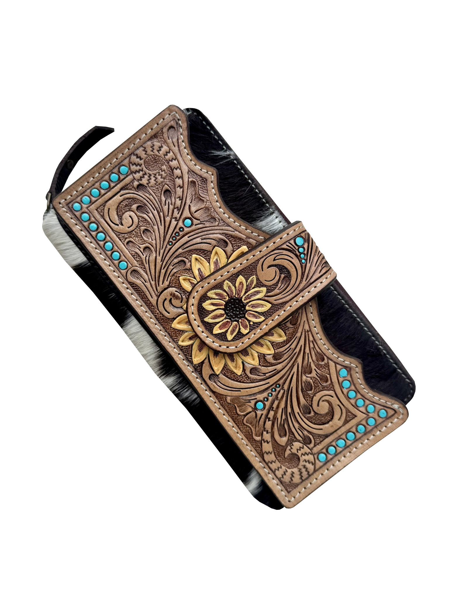 Cowhide Sunflower Tooling Leather Zippered Wallet. Leather phone case with intricate floral patterns and turquoise stones on a white background