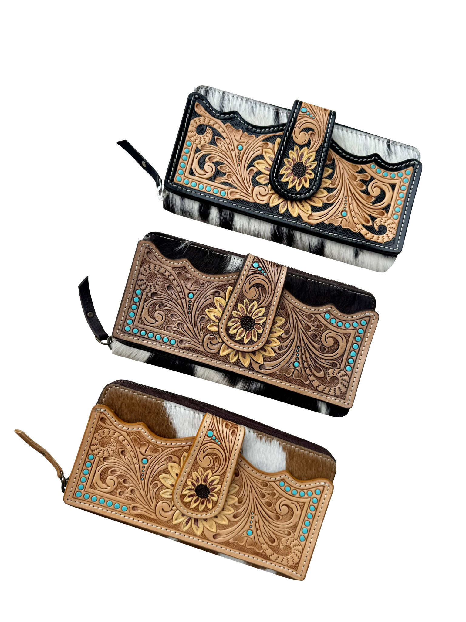 Cowhide Sunflower Tooling Leather Zippered Wallet. Three leather wallets with intricate designs on a white background