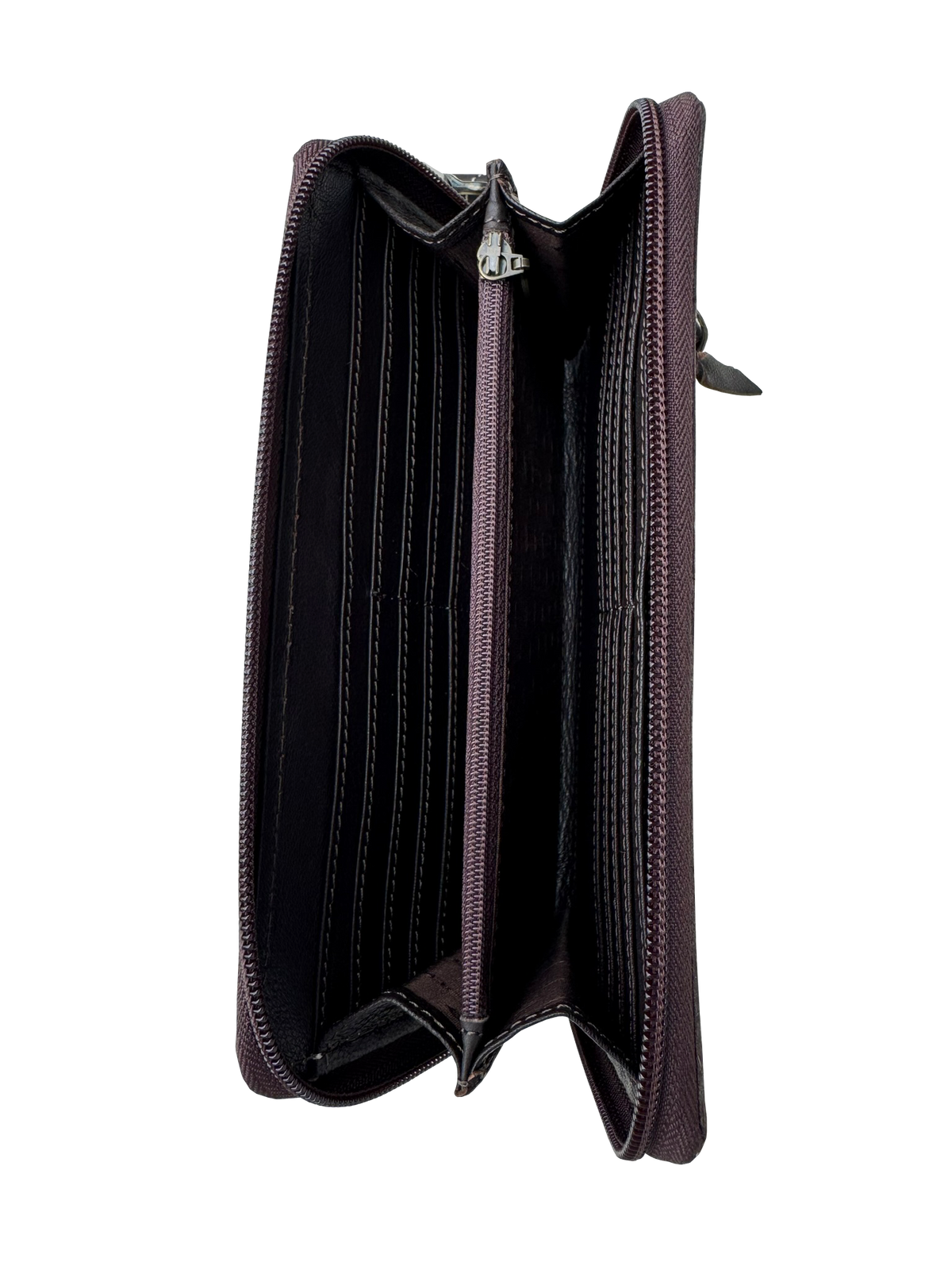 Tooling Leather Cowhide Boot Stitch Clutch Wallet. Black wallet with multiple card slots on a white background