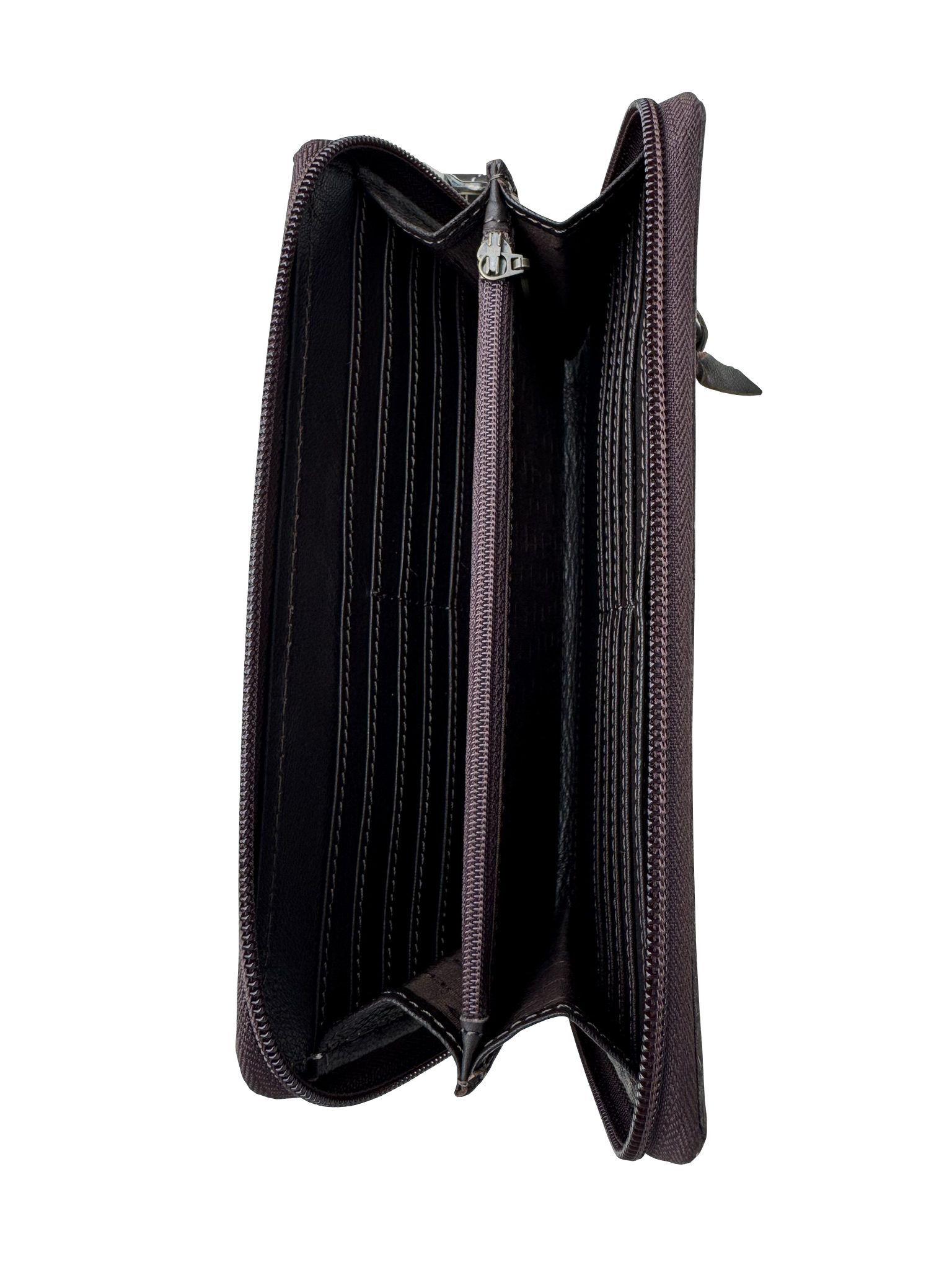 Tooling Leather Cowhide Boot Stitch Clutch Wallet. Black wallet with multiple card slots on a white background