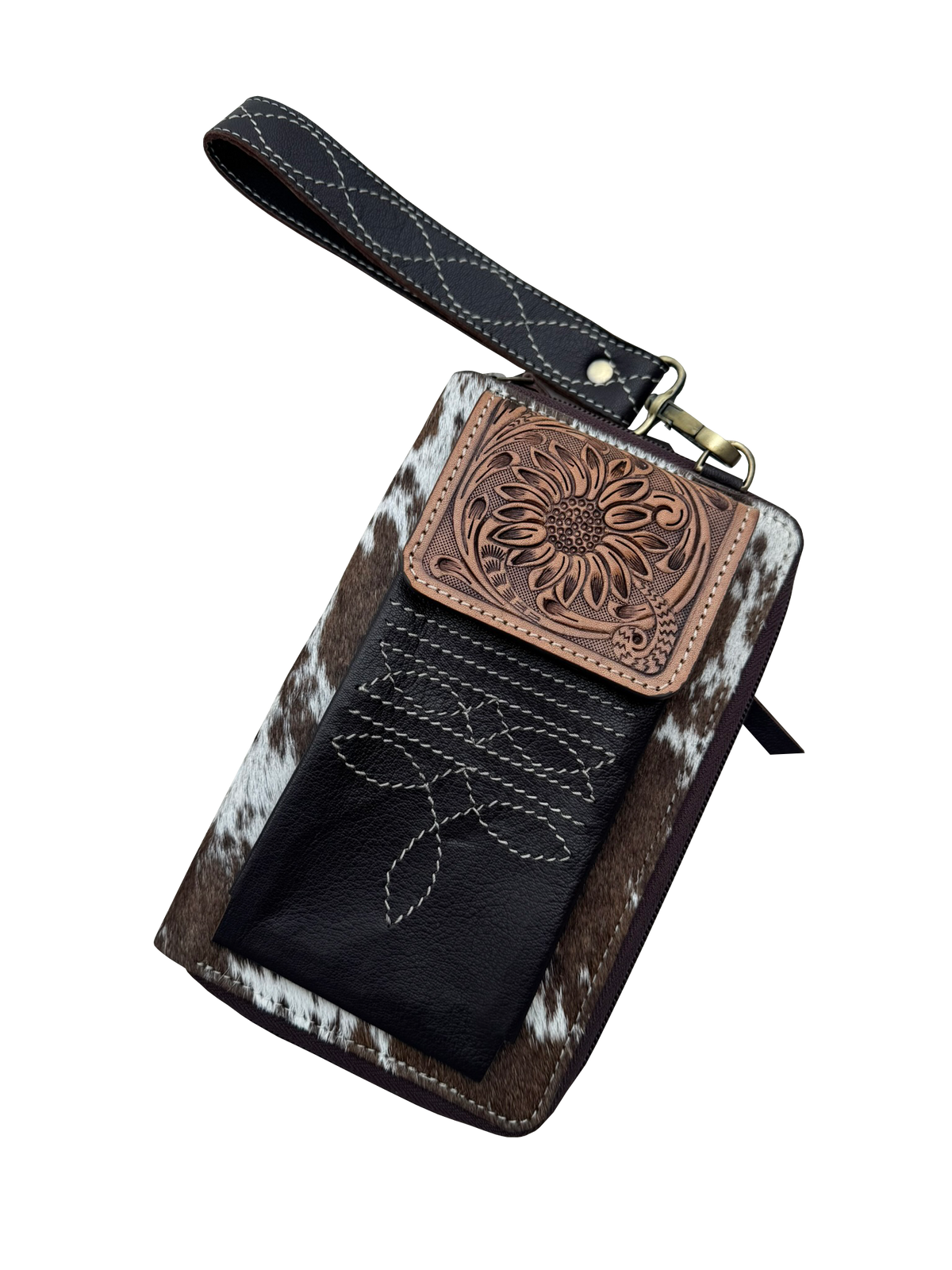 Tooling Leather Cowhide Boot Stitch Clutch Wallet. Cowhide leather wallet with floral embossing on a white background