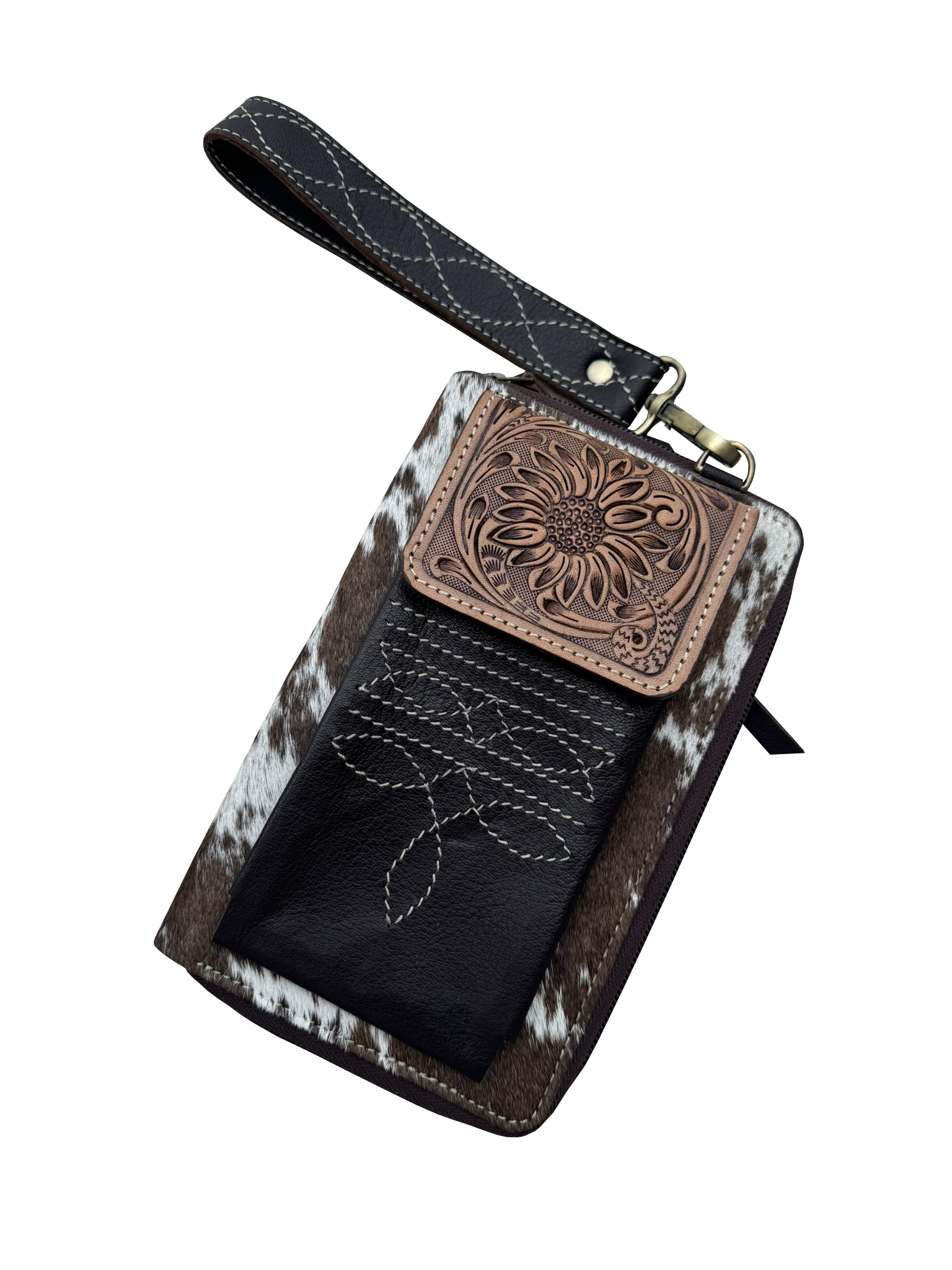 Tooling Leather Cowhide Boot Stitch Clutch Wallet. Brown leather wallet with floral embossing and wrist strap on a white background