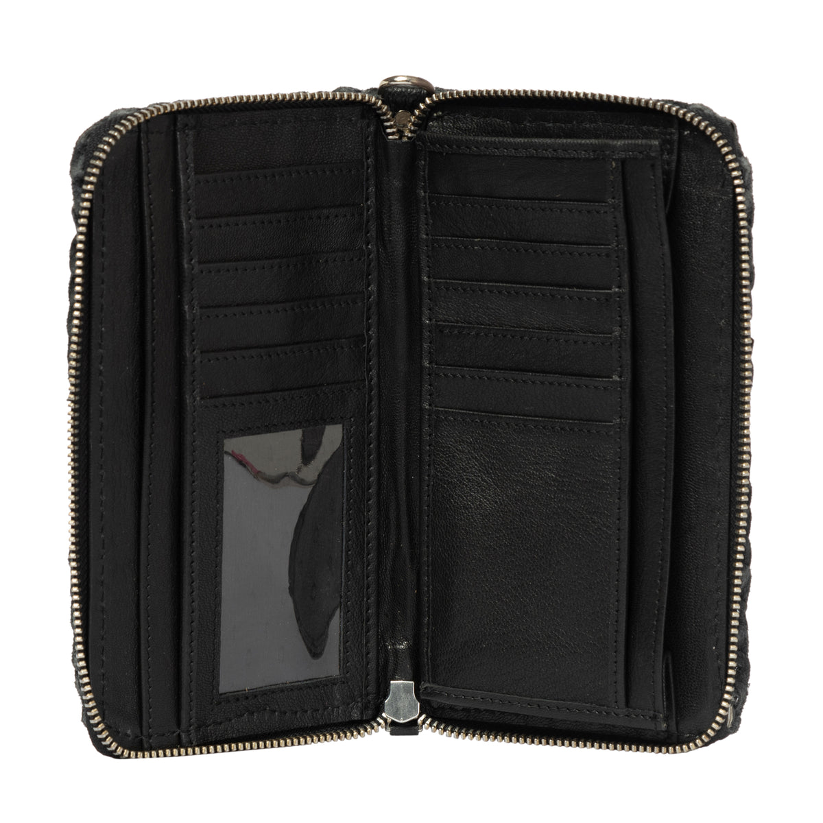Black wallet with multiple card slots and a zipper on a white background
