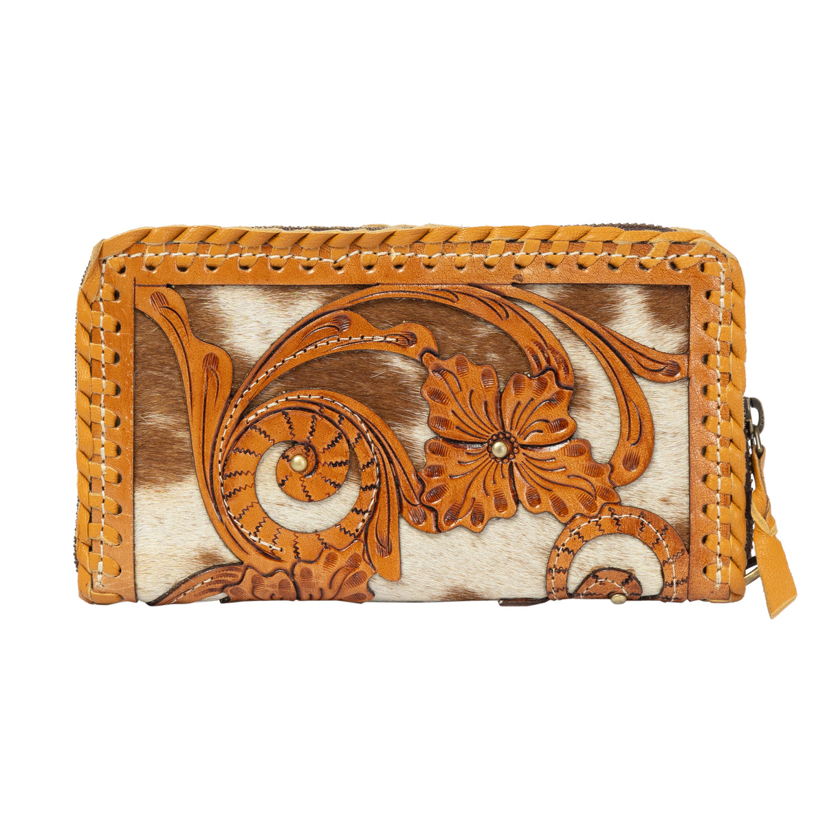 Handcrafted leather wallet with floral patterns on a white background