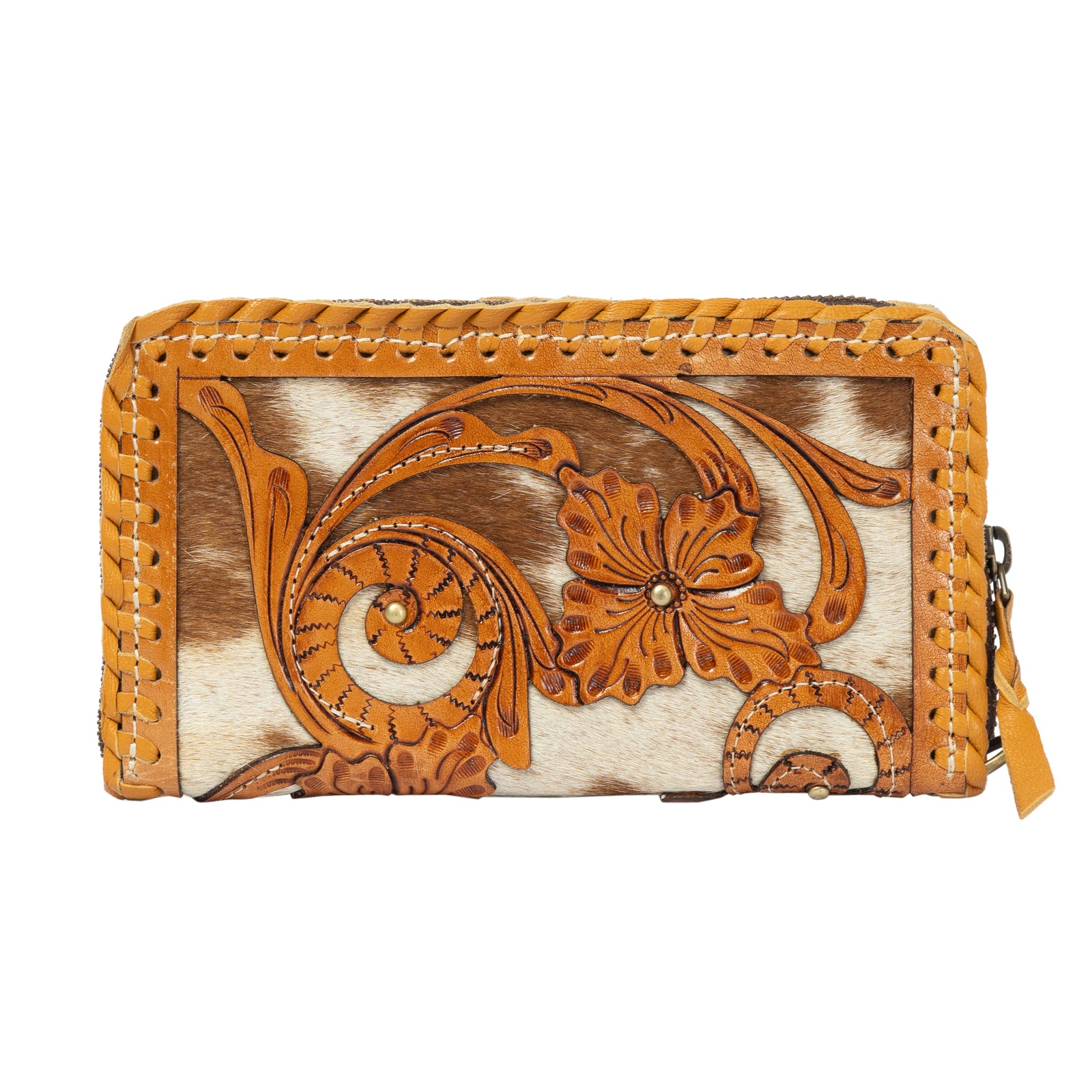 Brown leather wallet with floral design on a white background