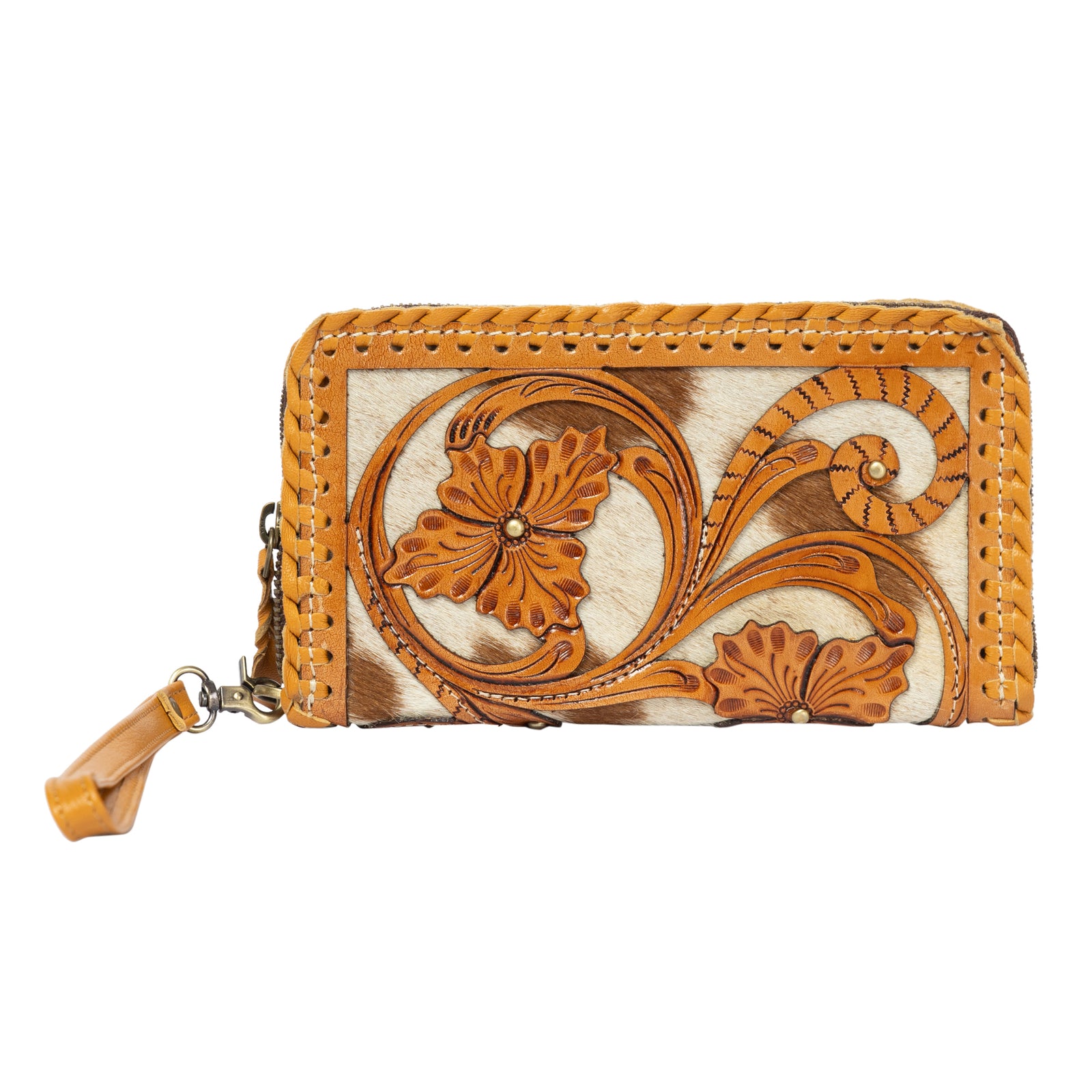 Brown leather wallet with floral design on a white background