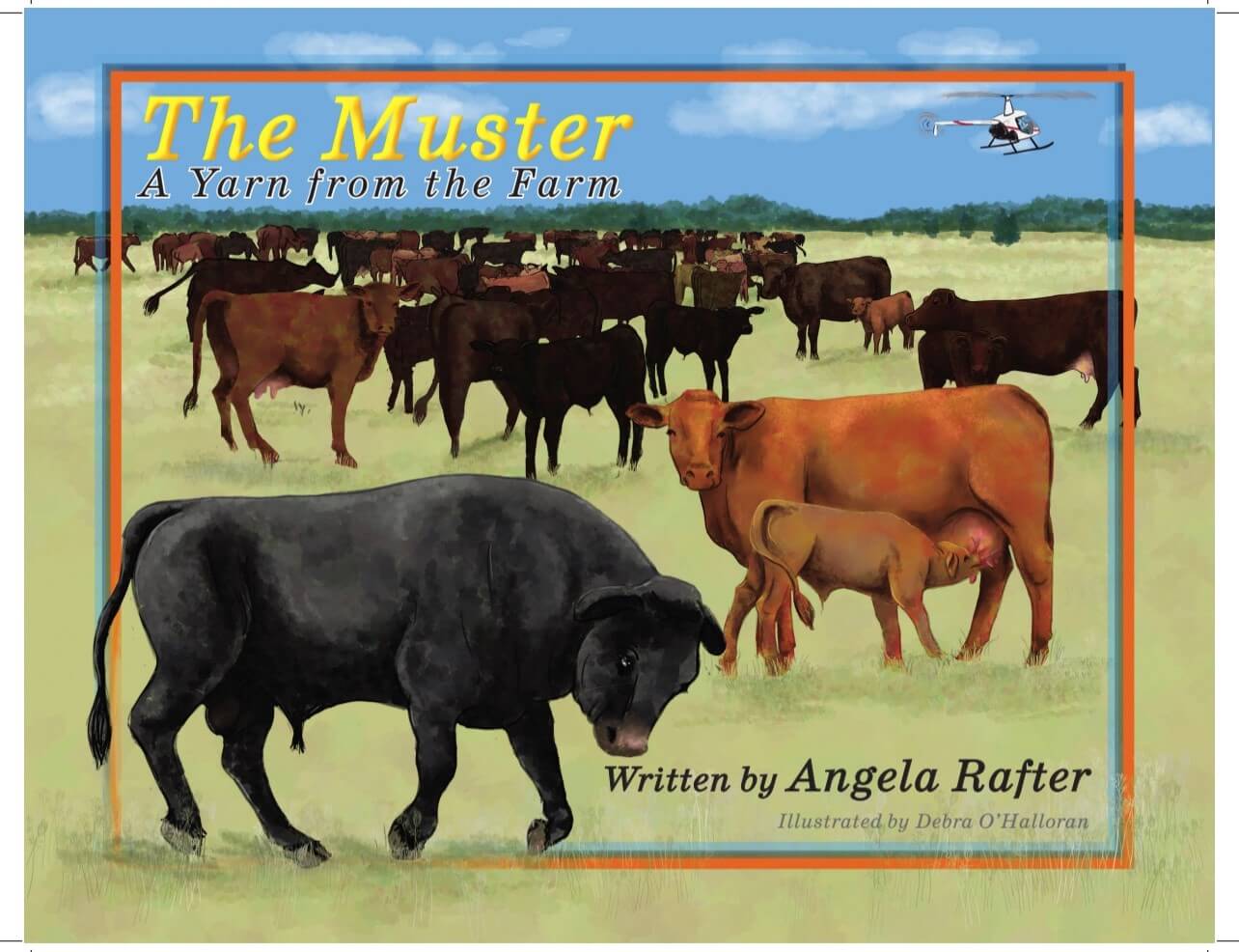 Book cover of 'The Muster: A Yarn from the Farm' featuring illustrations of cattle and a rural farm setting.