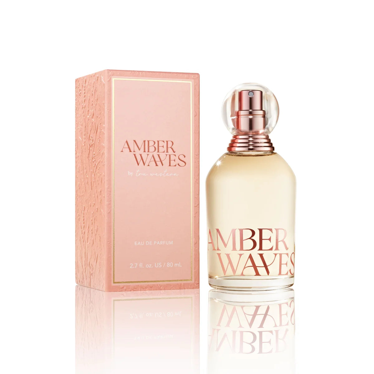 Amber Waves Eau de Parfum bottle and its pink packaging box, displayed on a reflective white surface against a white background.