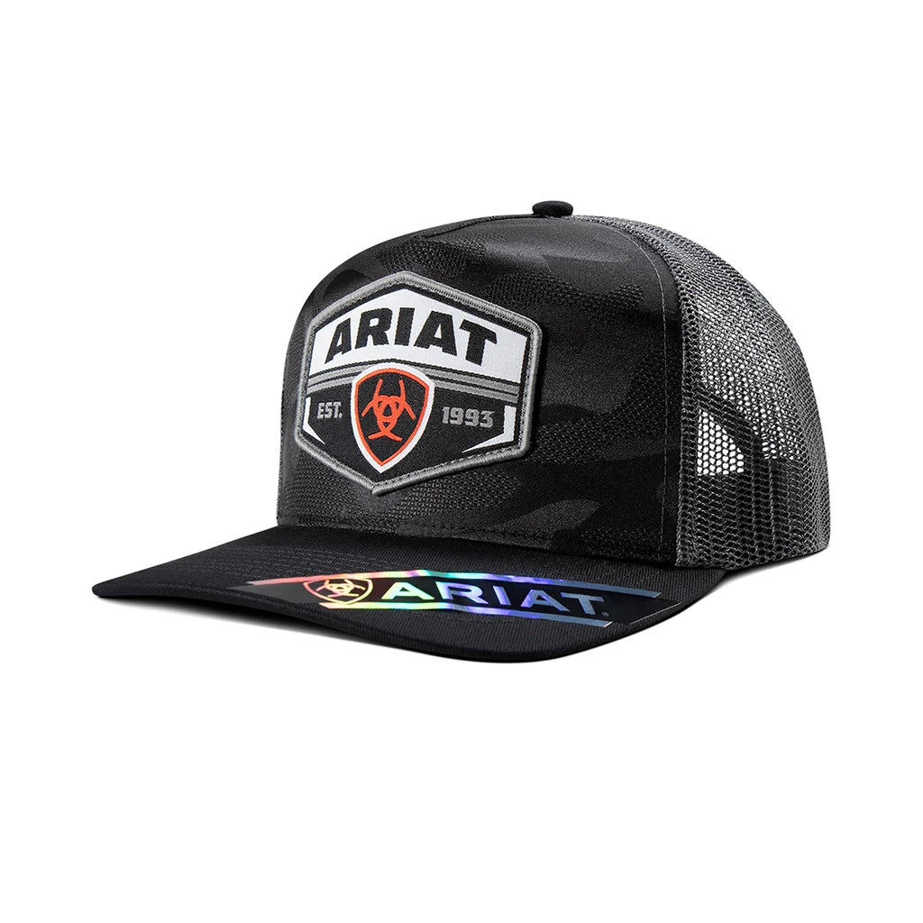 Black mesh trucker cap with Ariat logo on a white background