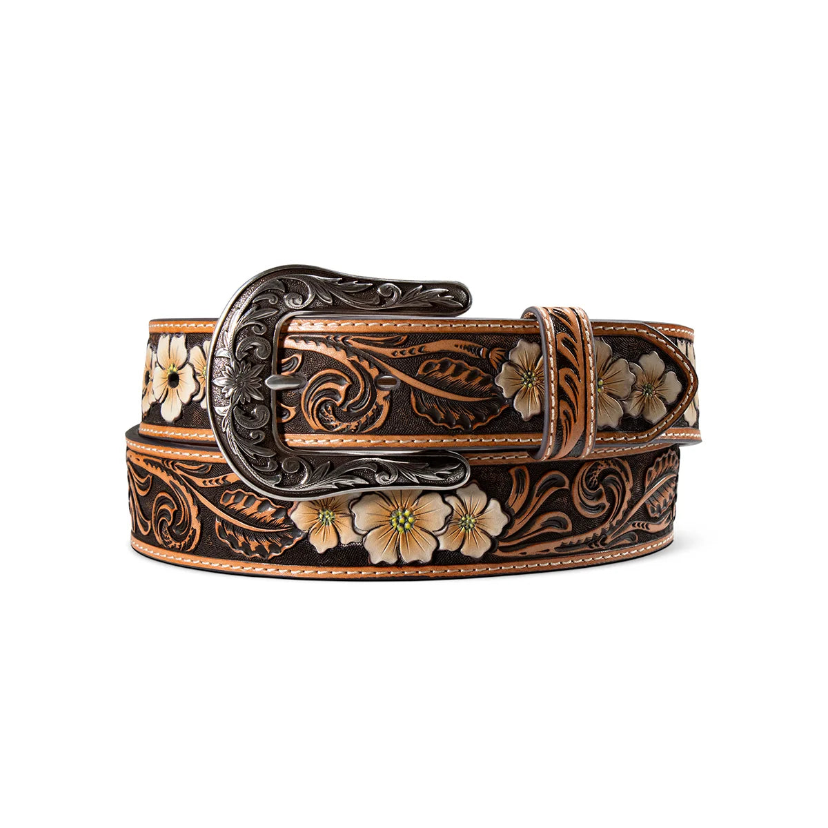 A tooled leather belt with floral and scroll designs, featuring a dark metal engraved buckle, shown on a plain white background.