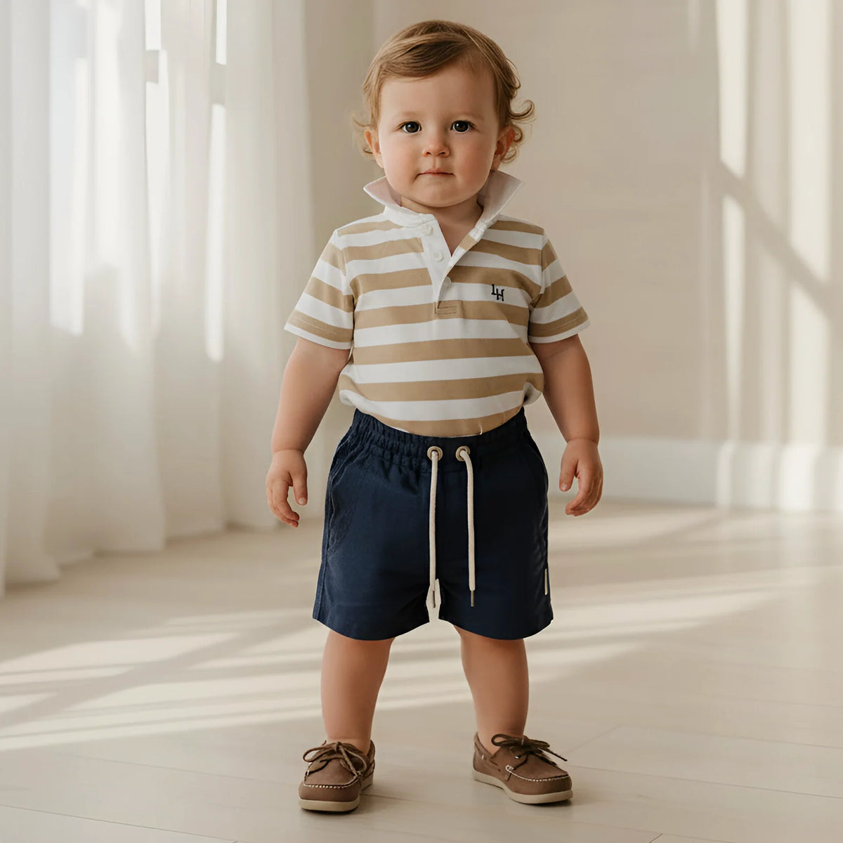 A toddler standing indoors wearing a beige and white striped short-sleeve polo shirt, navy drawstring shorts, and brown boat shoes in a bright room with soft sunlight and curtains.