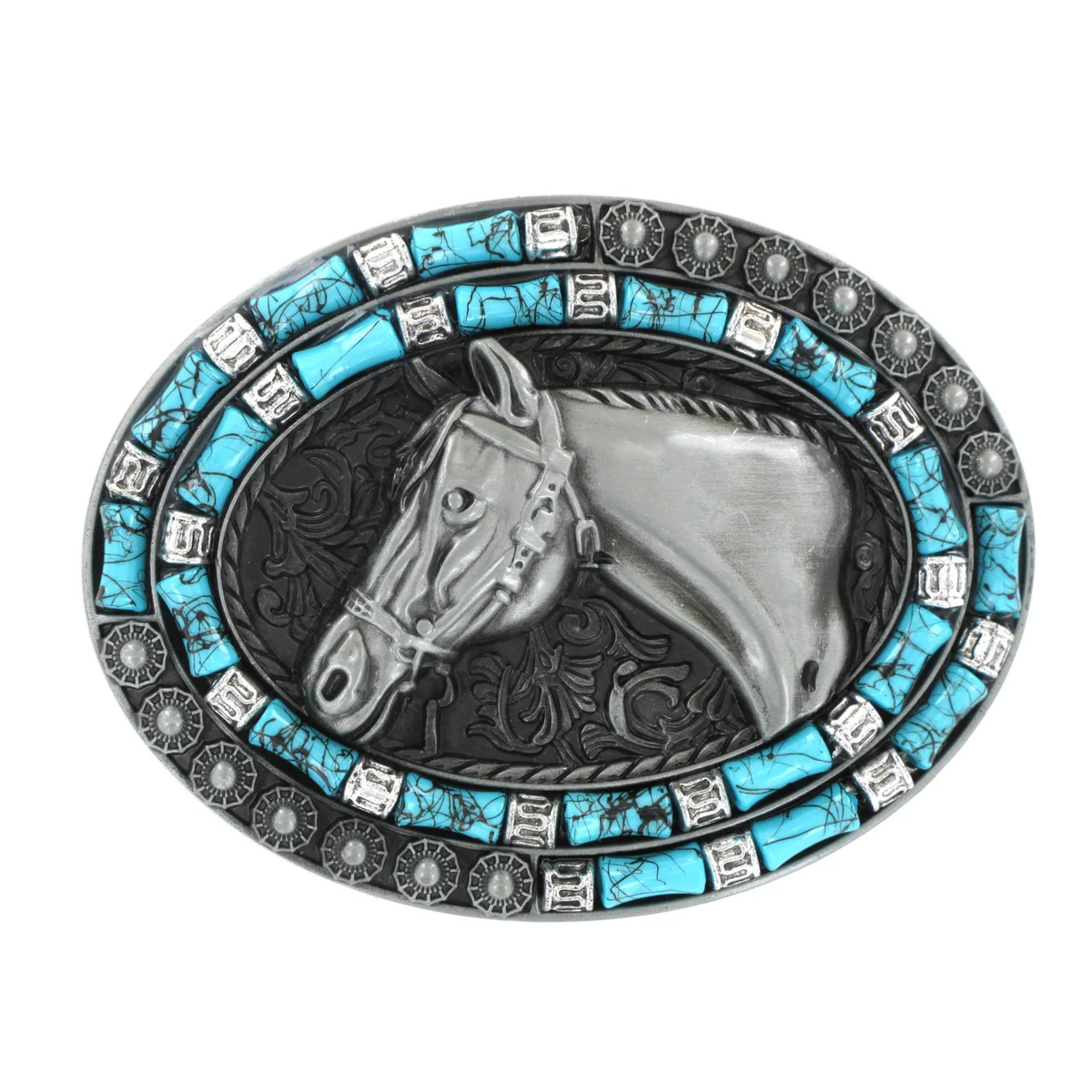 Tulmur Silver Horsehead Western Buckle. Belt buckle with horse design and turquoise stone border on a white background