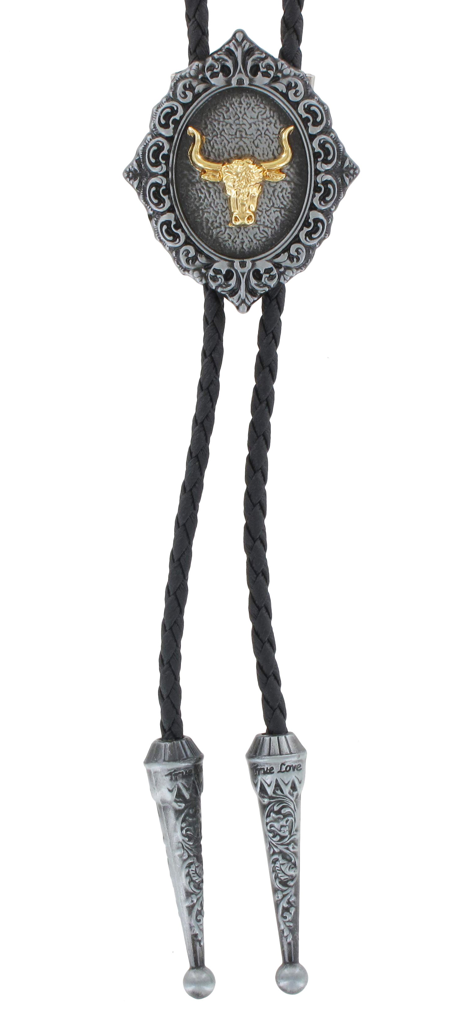 Tulmur Bull Head Filgree Bolo Tie. Bolo tie with bull head design on a white background