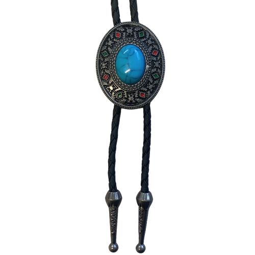 Tulmur Aztec Design Bolo Tie. Bolo tie with turquoise stone and decorative elements on a white background