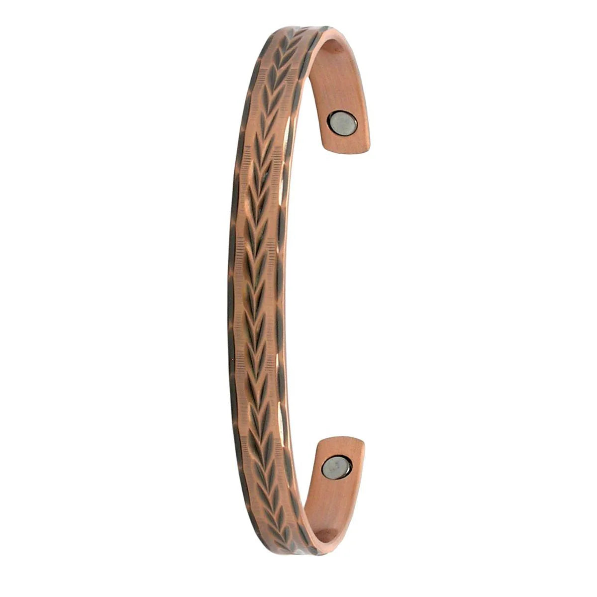 Feathered Arrow Copper Bangle. A copper bangle bracelet with a feathered arrow design.