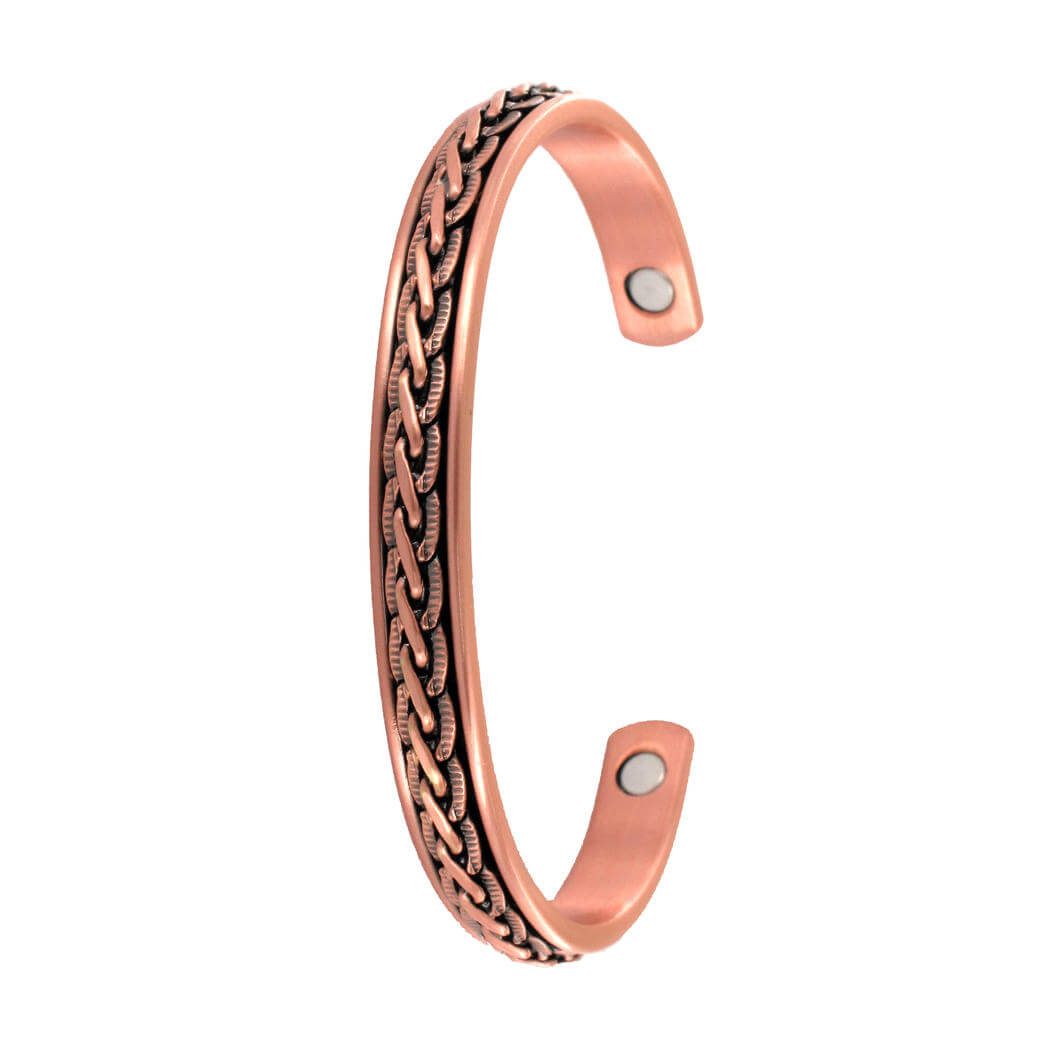 Pressed Link Copper Magnetic Bracelet. A copper magnetic therapy cuff bracelet with a pressed link pattern.
