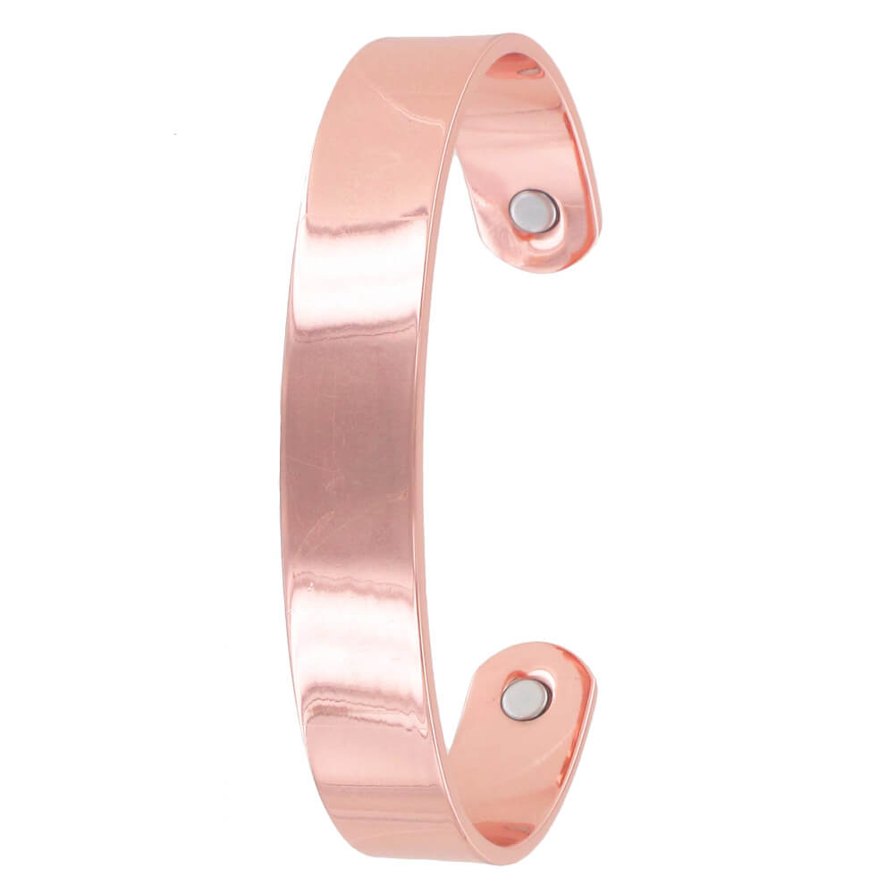 Thick Plain Copper Magnetic Band. A copper magnetic therapy cuff bracelet with a sleek, plain design and visible magnetic stones on the inside.